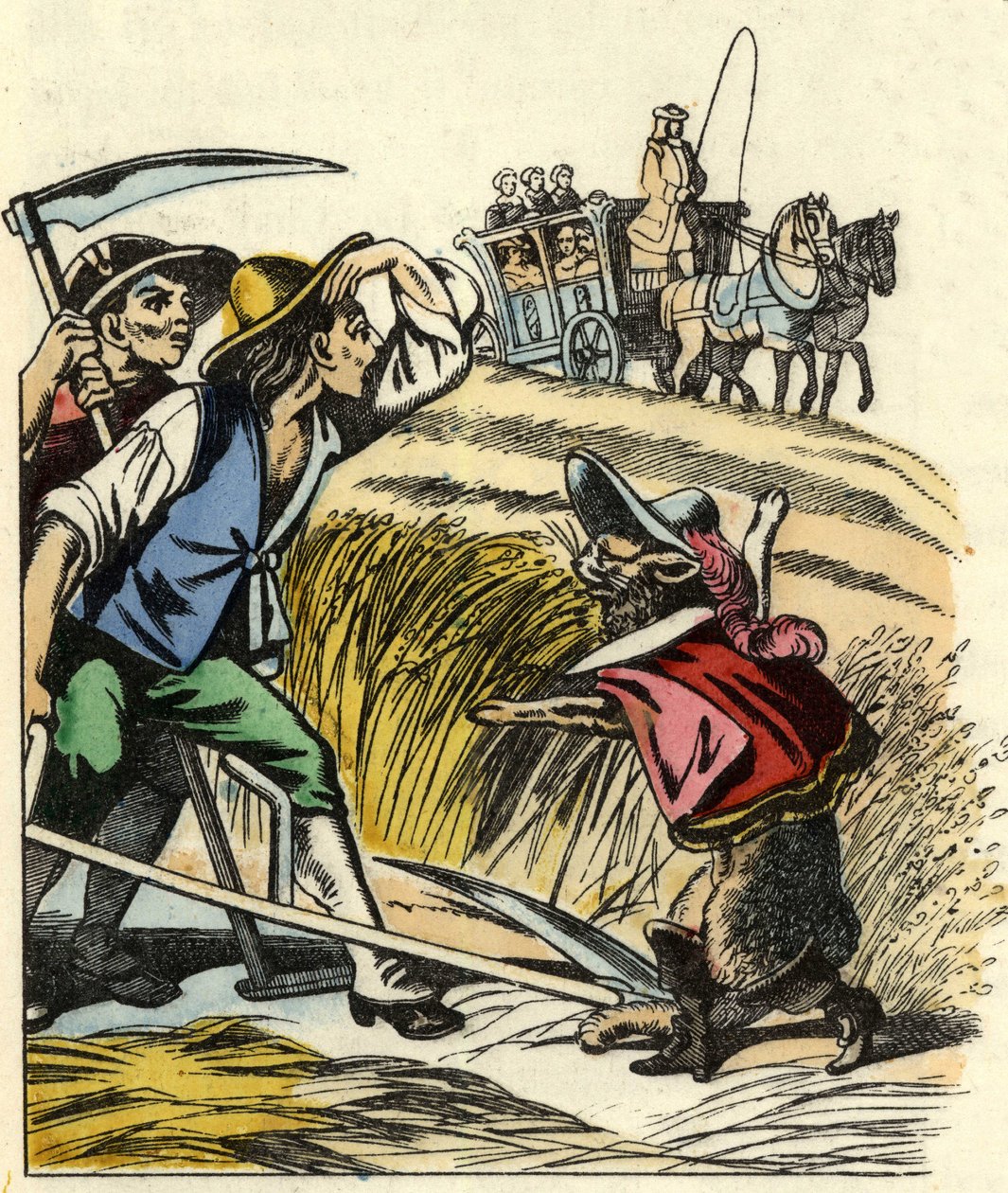 Katten tvingar bönderna att säga att fältet där de klipper vetet tillhör markisen de Carabas. Illustration av berättelsen "The cat botte" av Charles Perrault av Unknown artist