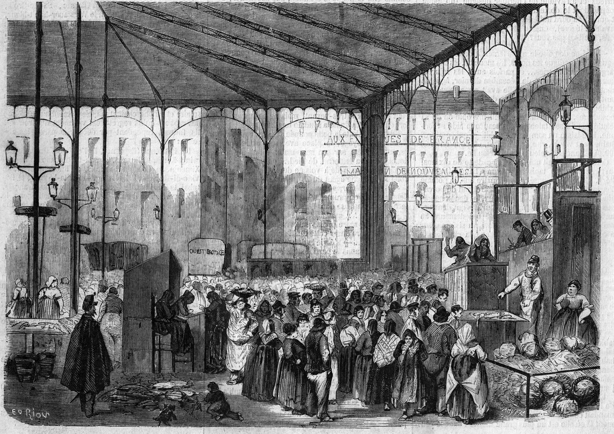 Den centrala marknaden i Paris: fiskmarknaden 1858. av Unknown artist