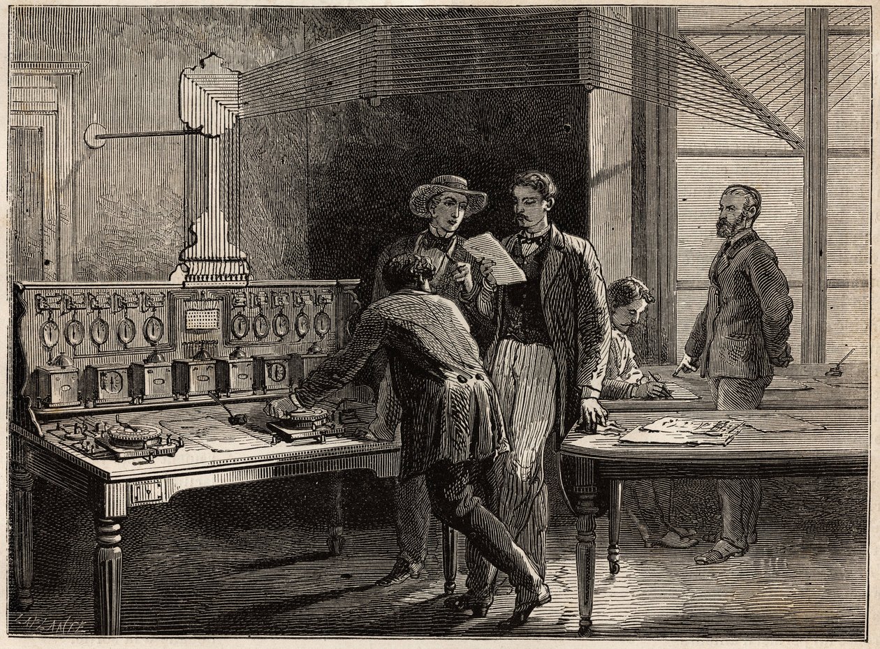 Centraltelegrafstationen vid Creusotfabriken. Gravyr för att illustrera en resa till Creusot och gruvorna i Saone och Loire, 1865, av L. Simonin, i "" Le tour du monde, nouveau journal des voyages"" publicerad under ledning av Edouard C av Unknown artist