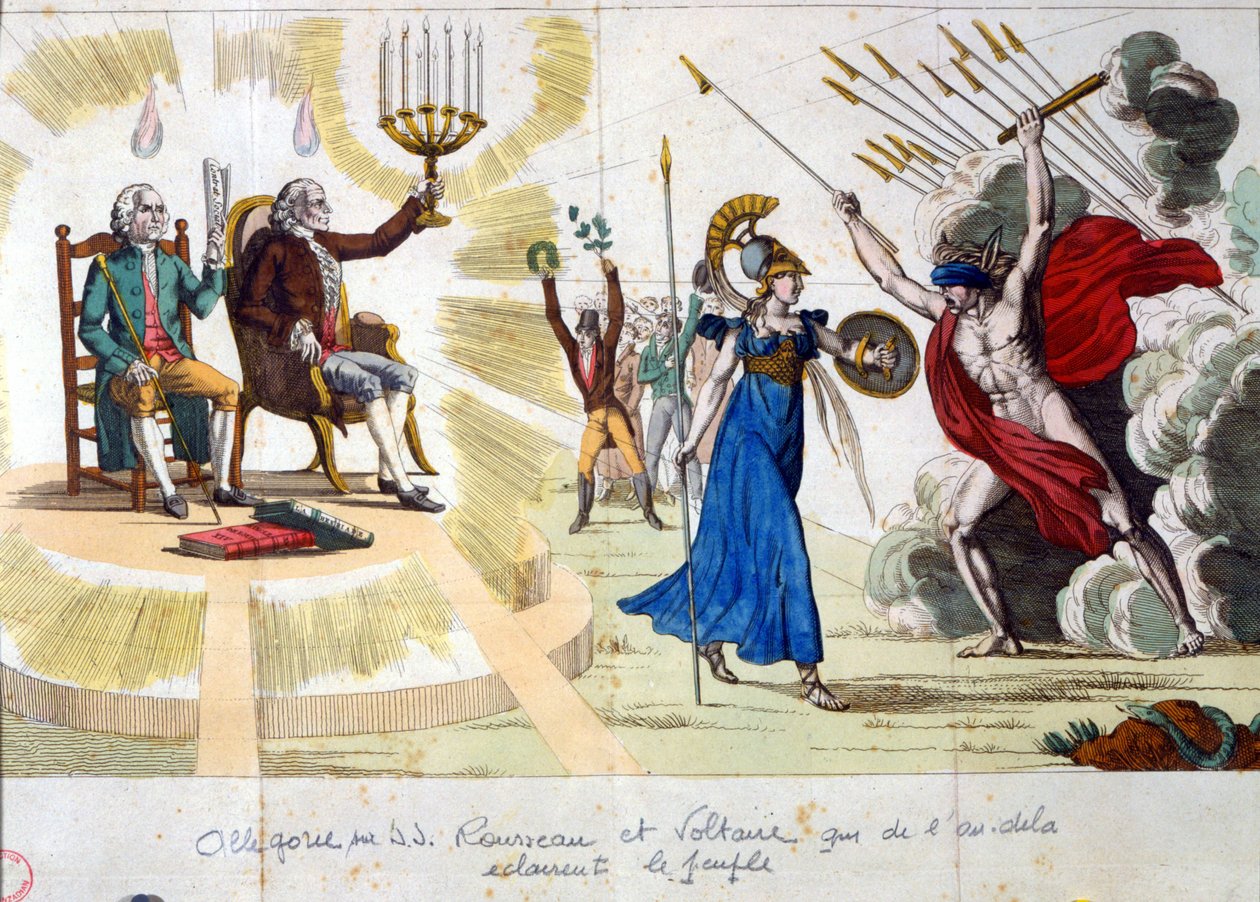 Lumieres århundrade: filosoferna Jean Jacques Rousseau och Voltaire, från det förflutna, belyser folket - allegori av Unknown artist