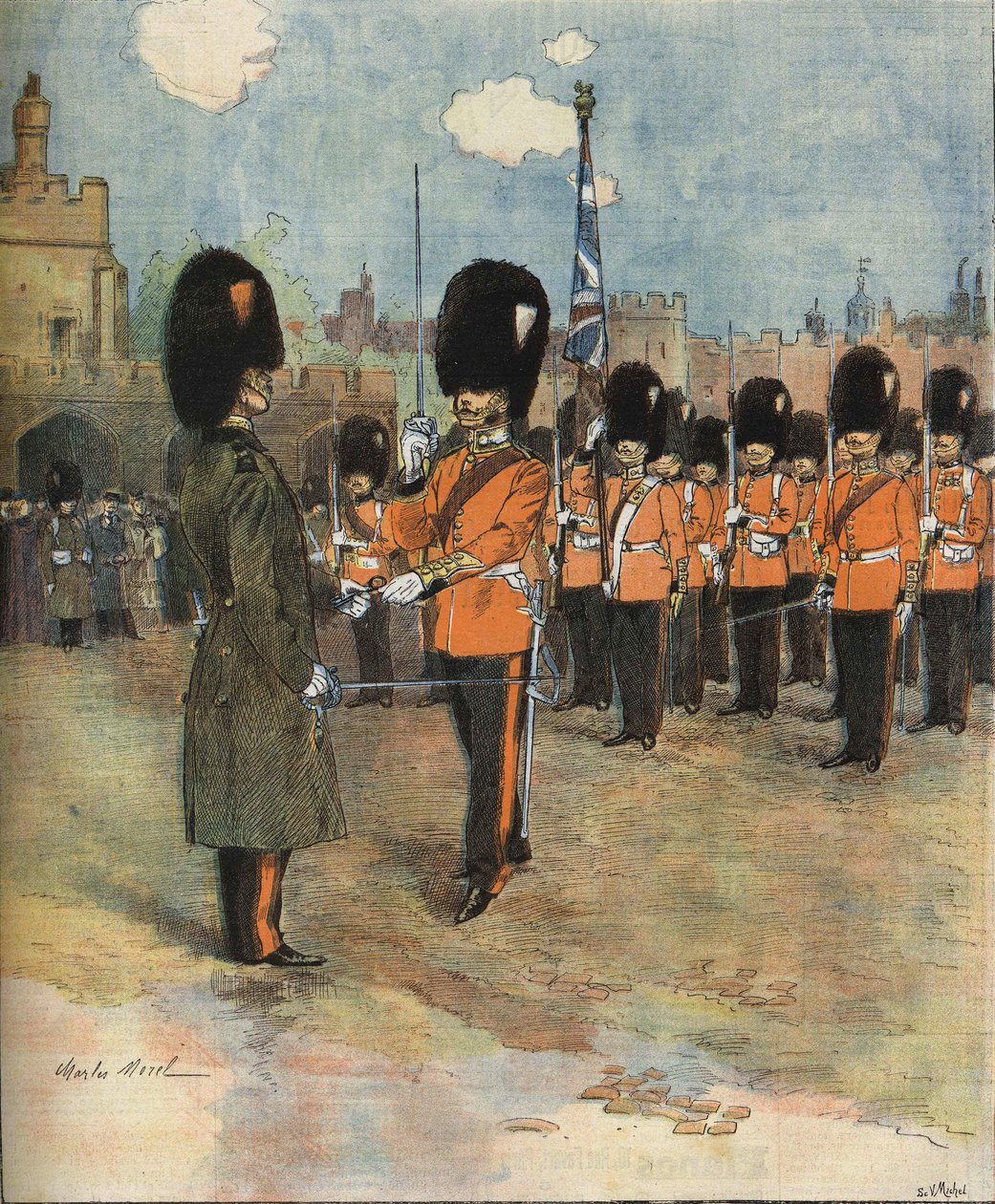 Vaktbytet vid Buckingham Palace i London 1893. Illustration av M.C. Murkla. Bianchetti samling. av Unknown artist