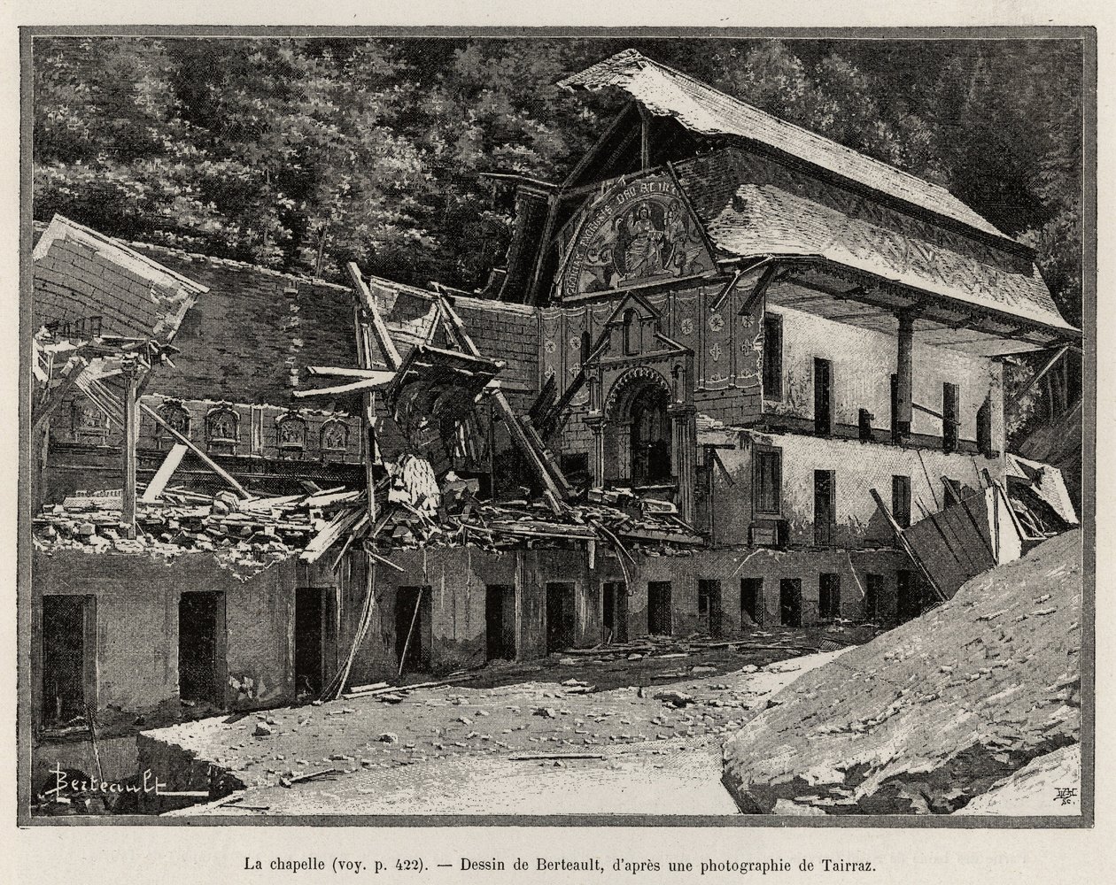 Kapellet förstört av översvämningen av Arve. Berteault gravyr för att illustrera historien "La catastrophe de Saint Gervais les Bains"" av Unknown artist