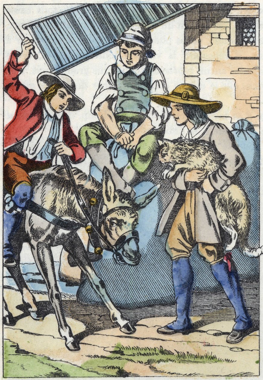 Barnen till föraren, som just dog, delar hans egendom: åsna, kvarn och katt. Illustration av berättelsen "The cat botte" av Charles Perrault av Unknown artist