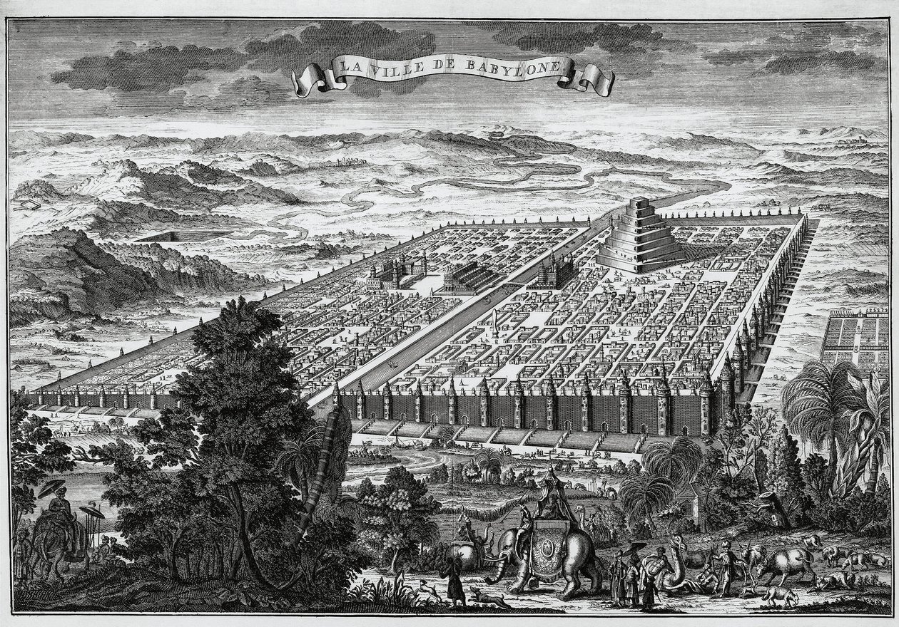 Babylons stadsmur som omger de hängande trädgårdarna och Babels torn - av Unknown artist
