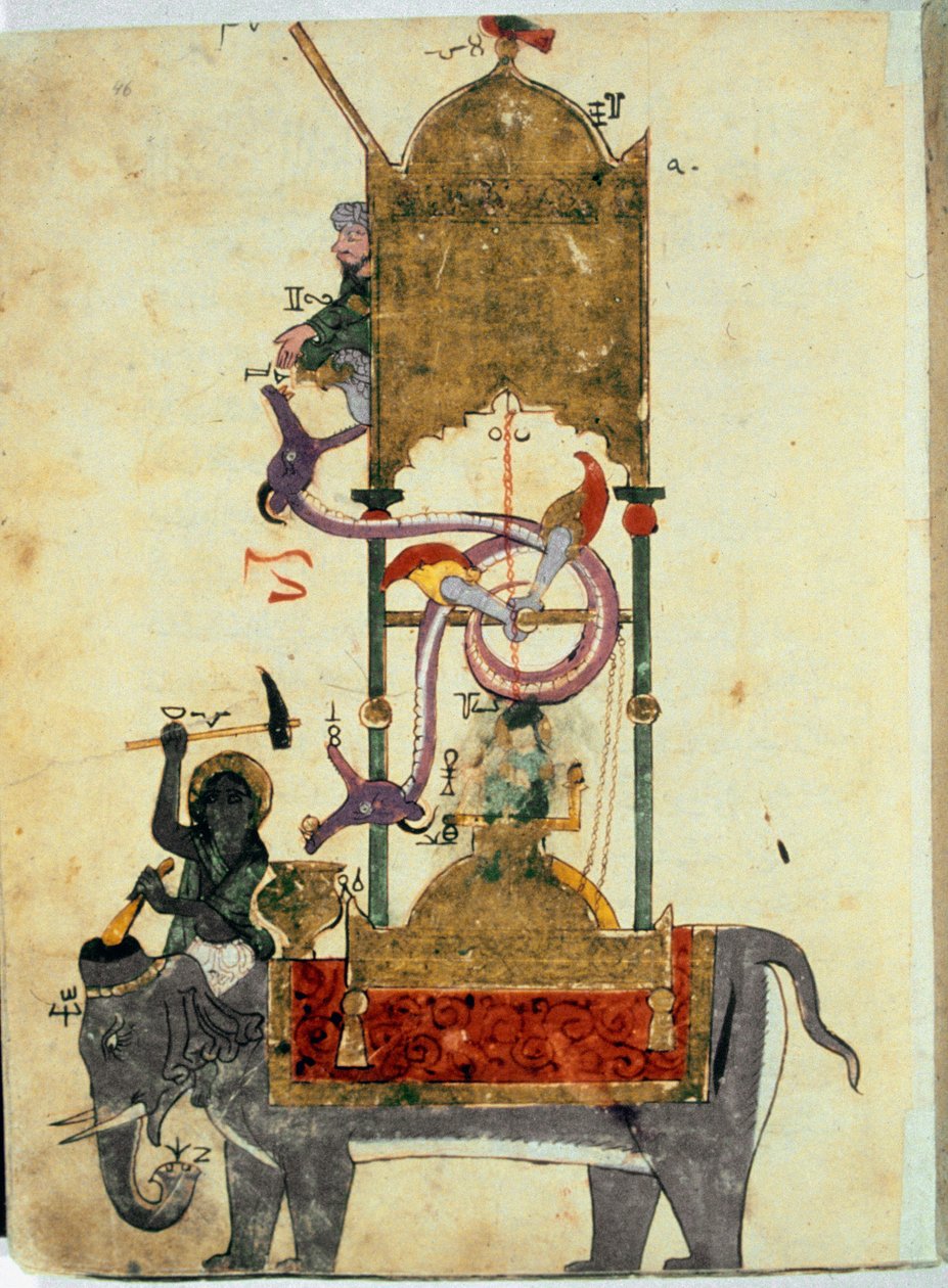 Clepsydran har elefanten Detta är en medeltida muslimsk uppfinning som består av en elefantformad vattenklocka designad av den turkiske ingenjören Ibn al-Rajjaj al-Jazari (Al Rajjaj Al Jazari) (1136-1206) omkring 1200. Uppfinning designad av turken. motor av Unknown artist
