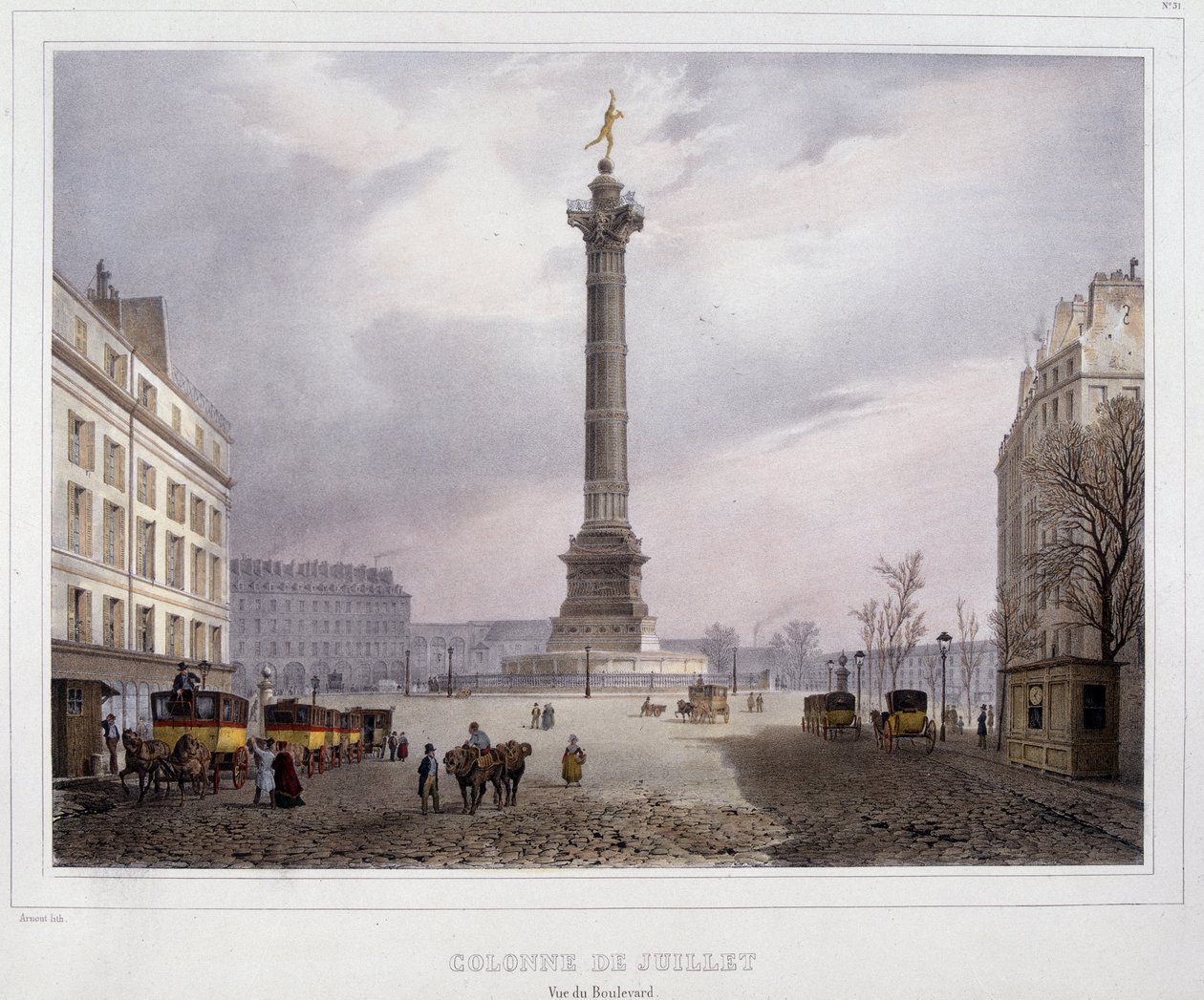 Kolumnen i juli (Place de la Bastille) sett från Boulevard Beaumarchais av Unknown artist