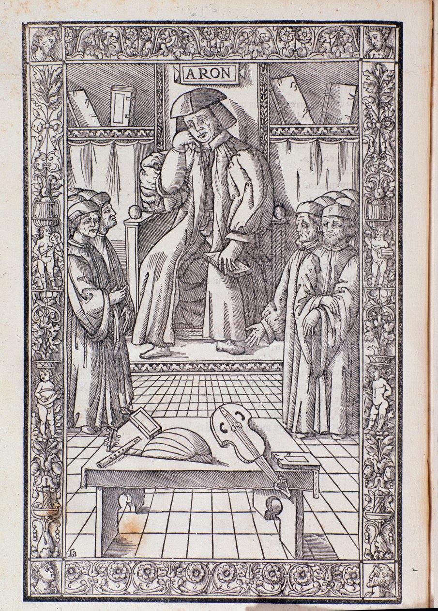 Kompositören och musikteoretikern Pietro Aaron som ordförande bland sina elever. Illustration från Toscanello i musica av Unknown artist
