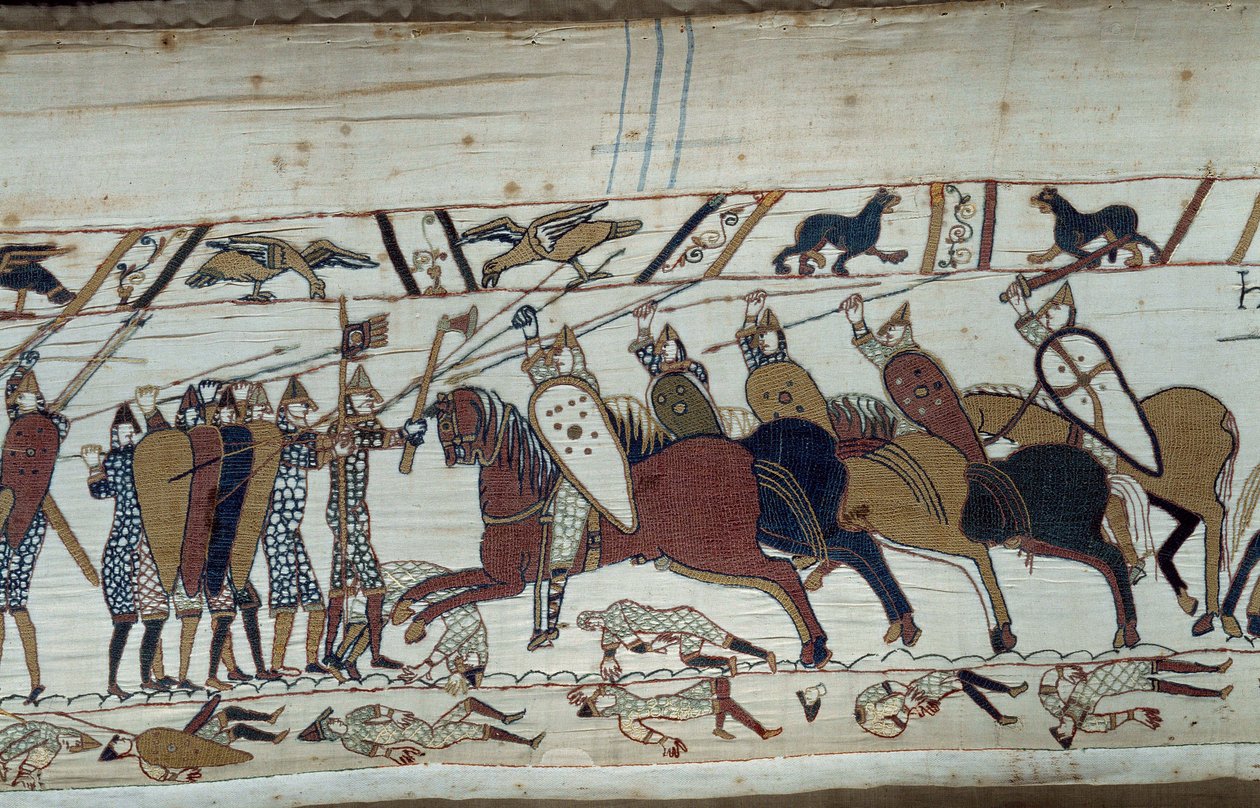 Erövringen av England av hertigen av Normandie Vilhelm Erövraren (1027-1087) 1066: scen för slaget vid Hastings där det normandiska infanteriet ställs mot det sachsiska kavalleriet. Detalj av gobelängen av Bayeux eller broderi av drottning Mathilde av Unknown artist