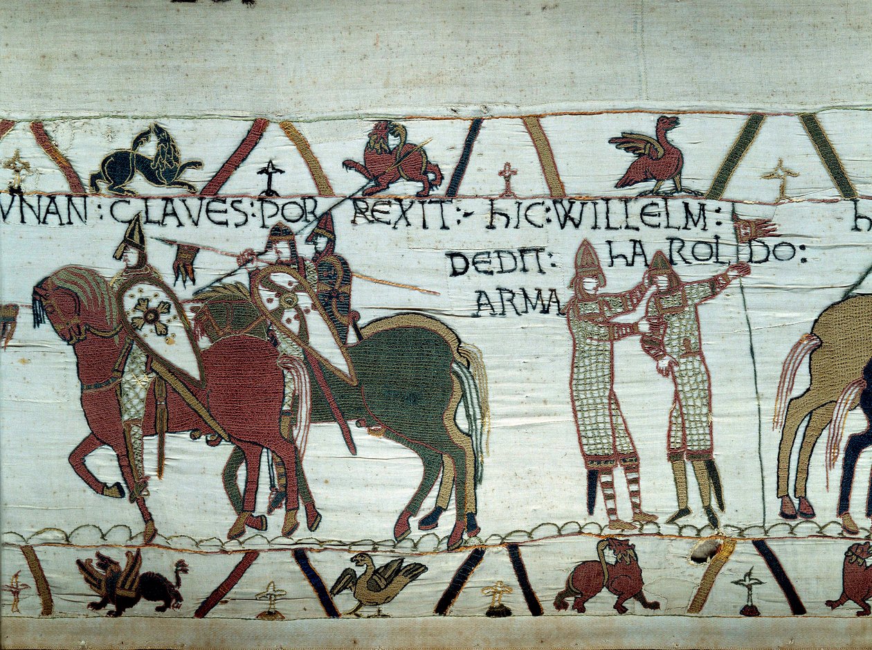 Erövringen av Bretagne av hertigen av Normandie Vilhelm Erövraren (1027-1087): till vänster tar hertigen emot nycklarna till staden Dinan, till höger gör han till riddare Harold, skickad av den engelske kungen Edward Bekännaren Detalj av gobelängen av av Unknown artist