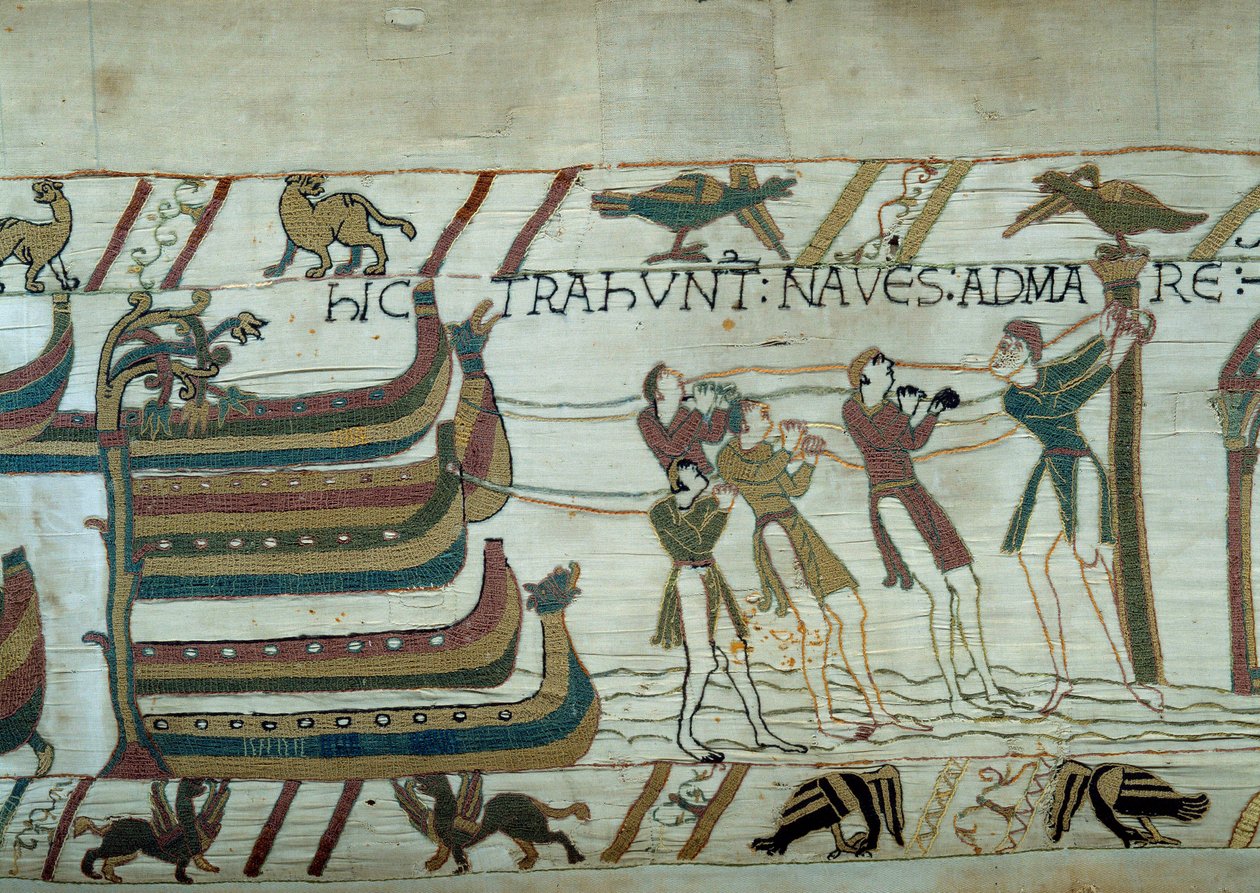 Erövringen av England av armén av hertigen av Normandie Vilhelm Erövraren (1027-1087): knappt byggda skepp sätts till sjöss Detalj av gobelängen av Bayeux eller broderi av drottning Mathilde av Unknown artist