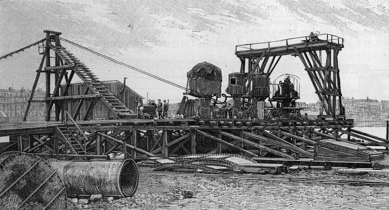 Byggandet av Mirabeau-bron i Paris (1893): servicebron (från ett fotografi). Gravyr i "" Nature: granskning av vetenskaperna och deras tillämpningar på konst och industri "" av 3 februari 1894. av Unknown artist