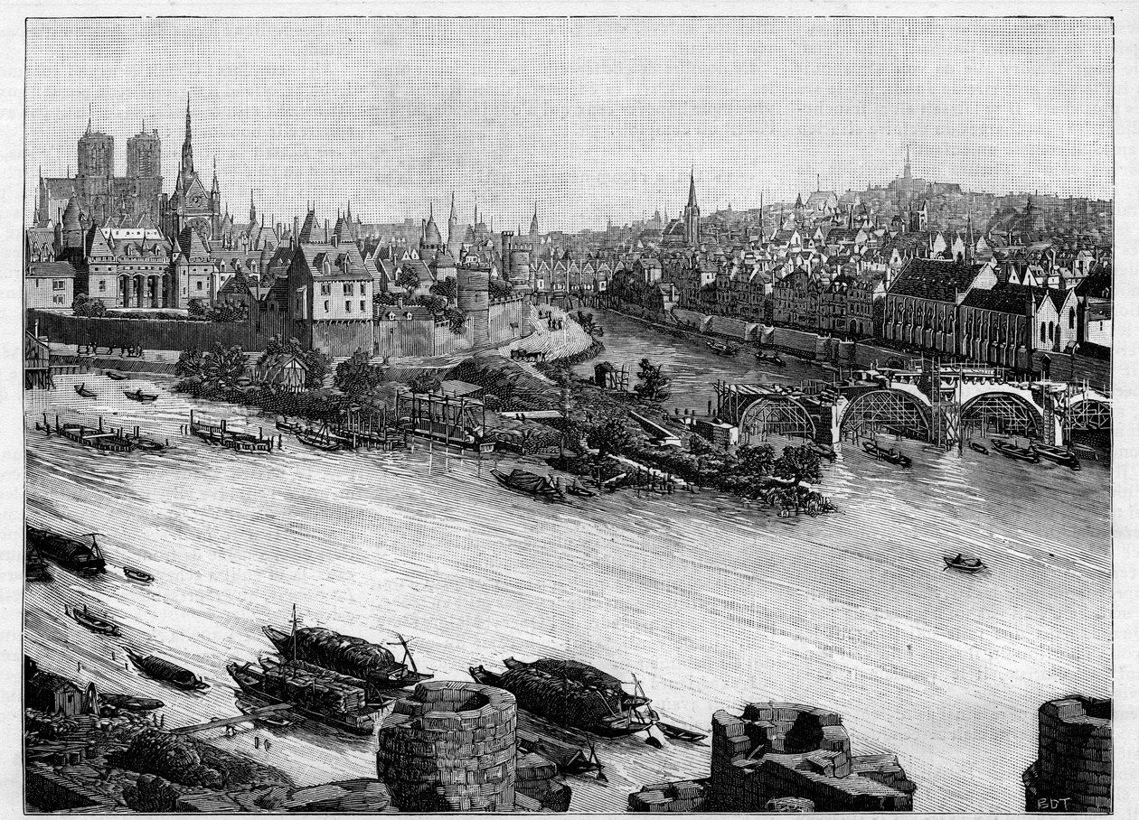 Byggandet av Pont Neuf i Paris passerar genom Square du Vert-Galant i slutet av Ile de la Cite. De första verken 1578. Gravyr i "" Le Monde illustrious"" av Unknown artist
