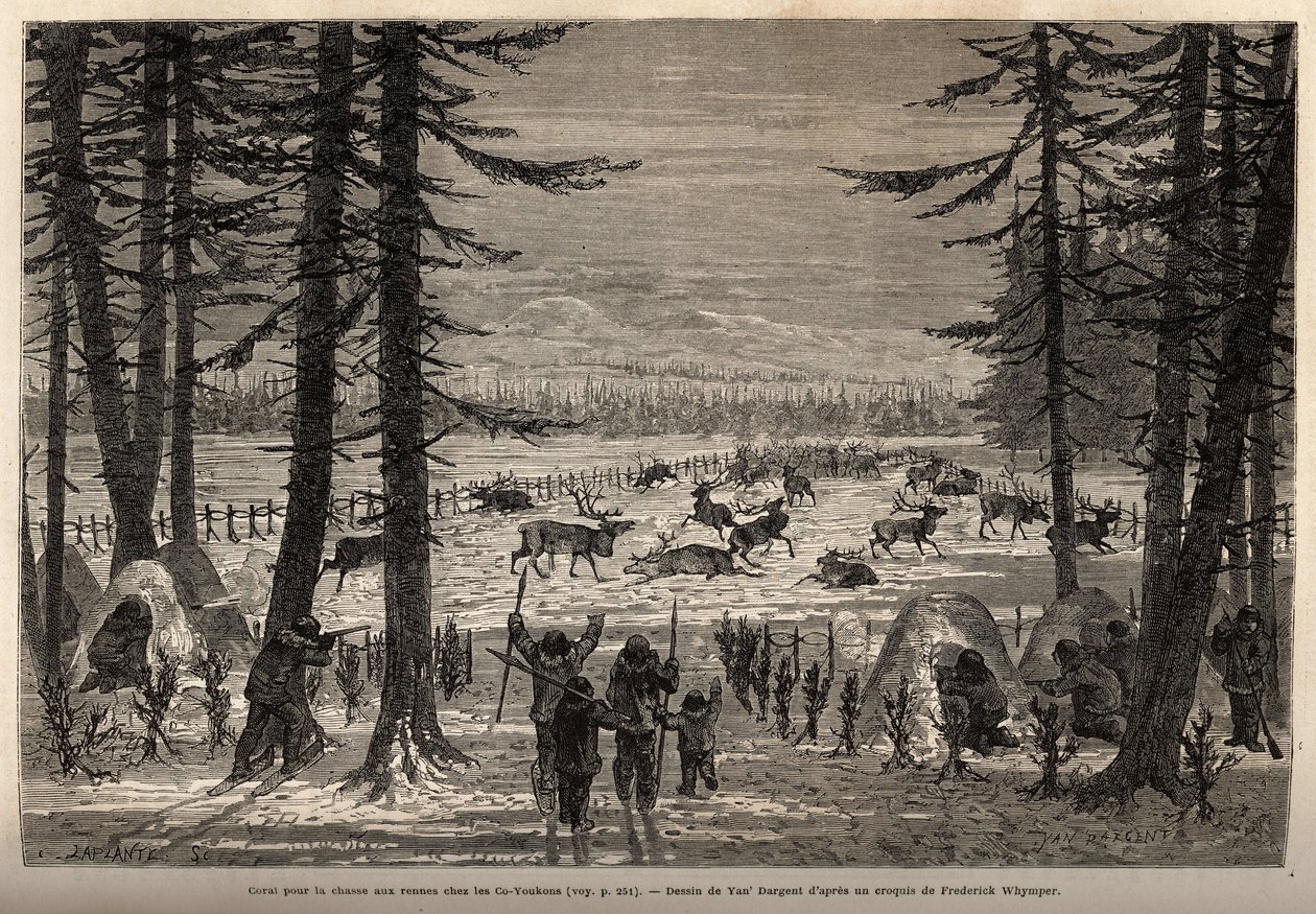 Korallen för renjakt i Co-Yukon (co-Yukon eller co-Youkouk) (indiansk stam i extrema norra Kanada). Gravyr för att illustrera resan och äventyren i engelska Colombia, Vancouver Island och Alaska, av Frederick Whymper av Unknown artist