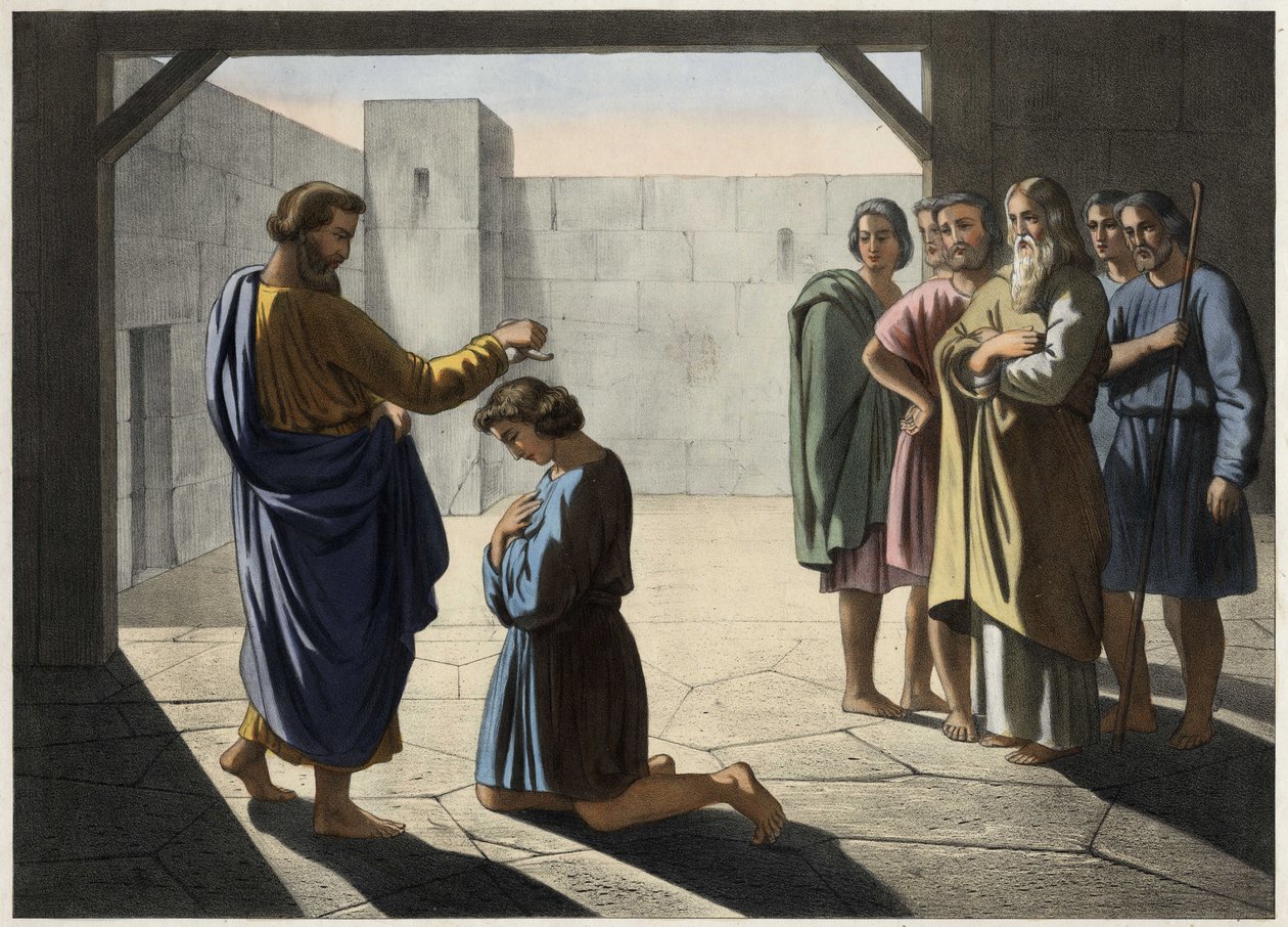 Davids kröning: Samuel utser David till Israels kung. Anonym gravyr från 1800-talet. av Unknown artist