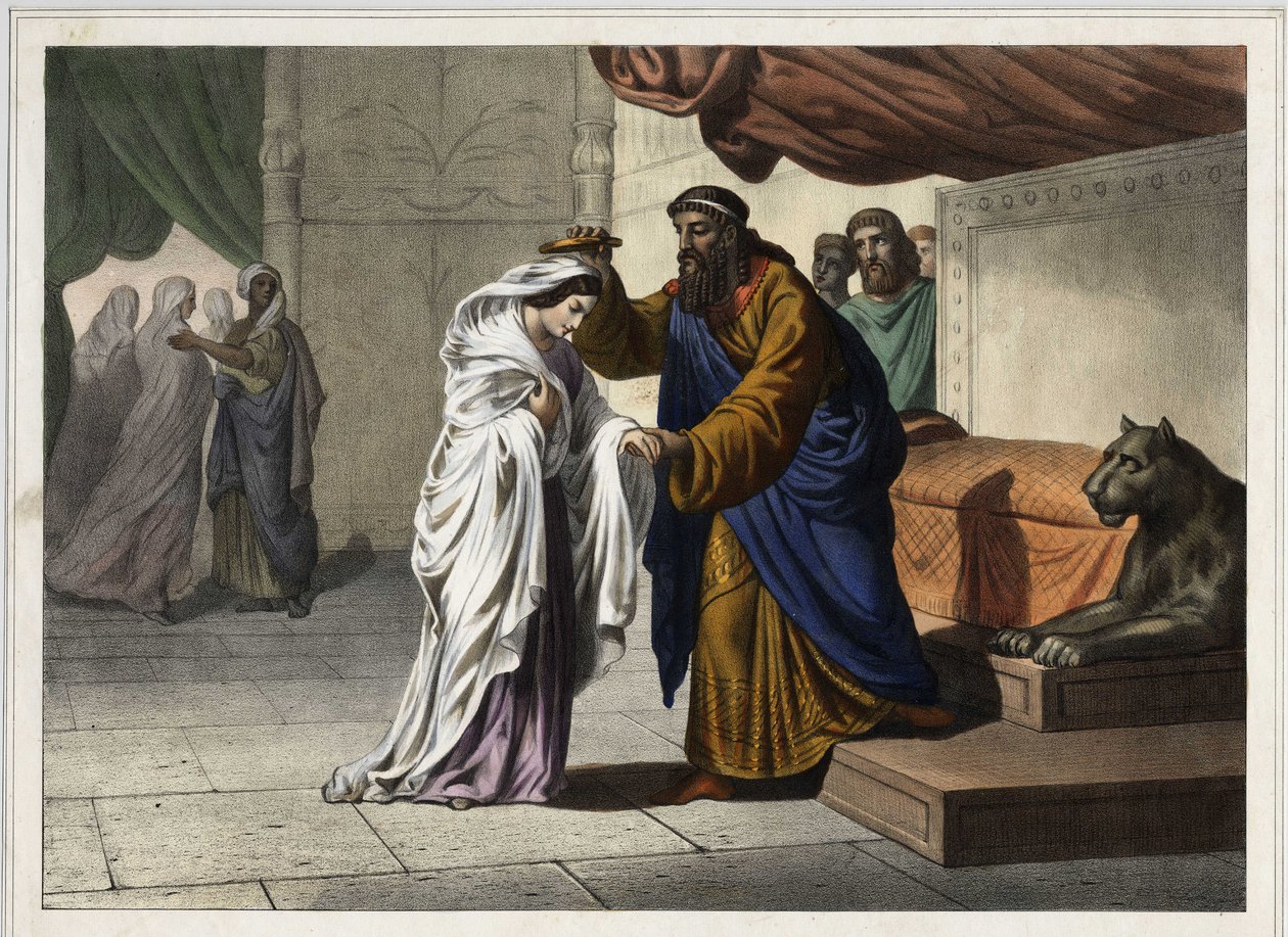 Esters kröning: Den persiske kungen Assuerus 1:a (Xerxes 1:a) kröner sin hustru Ester. Anonym gravyr från 1800-talet. av Unknown artist
