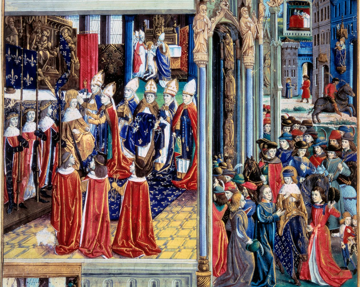 Kröningen av kung Saint Louis (Louis IX) (1214-1270) den 29/11/1226 i katedralen i Reims"" Miniatyr från ett manuskript "" Faktaboken Monsignor Saint Louis""" 1400-talet. Paris, B.N av Unknown artist