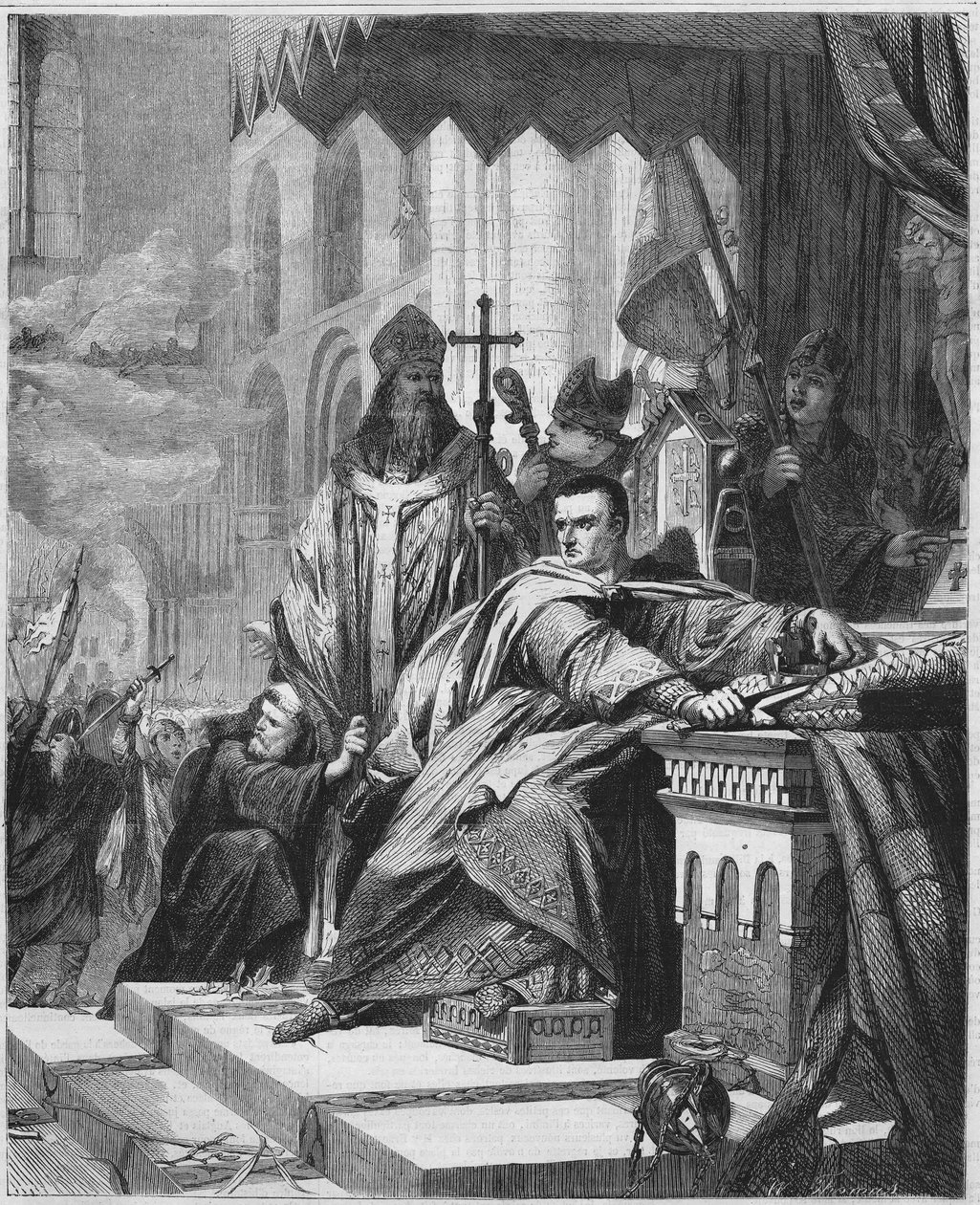 Kröningen av Vilhelm I Erövraren (1027 till 1087) 1066. Hertig av Normandie (1035 - 1087) och kung av England (1066 - 1087). Gravyr av 1800-talet. av Unknown artist