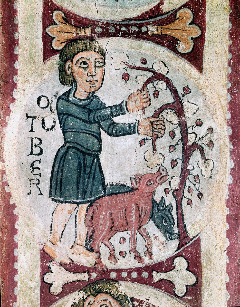 Månadernas cykel: oktober: samlingen av ekollon. Detalj av en fresk från 1100-talet från Royal Pantheon of the Real Colegiata of San Isidoro (Royal Collegiale of Saint Isidore). Leon. av Unknown artist