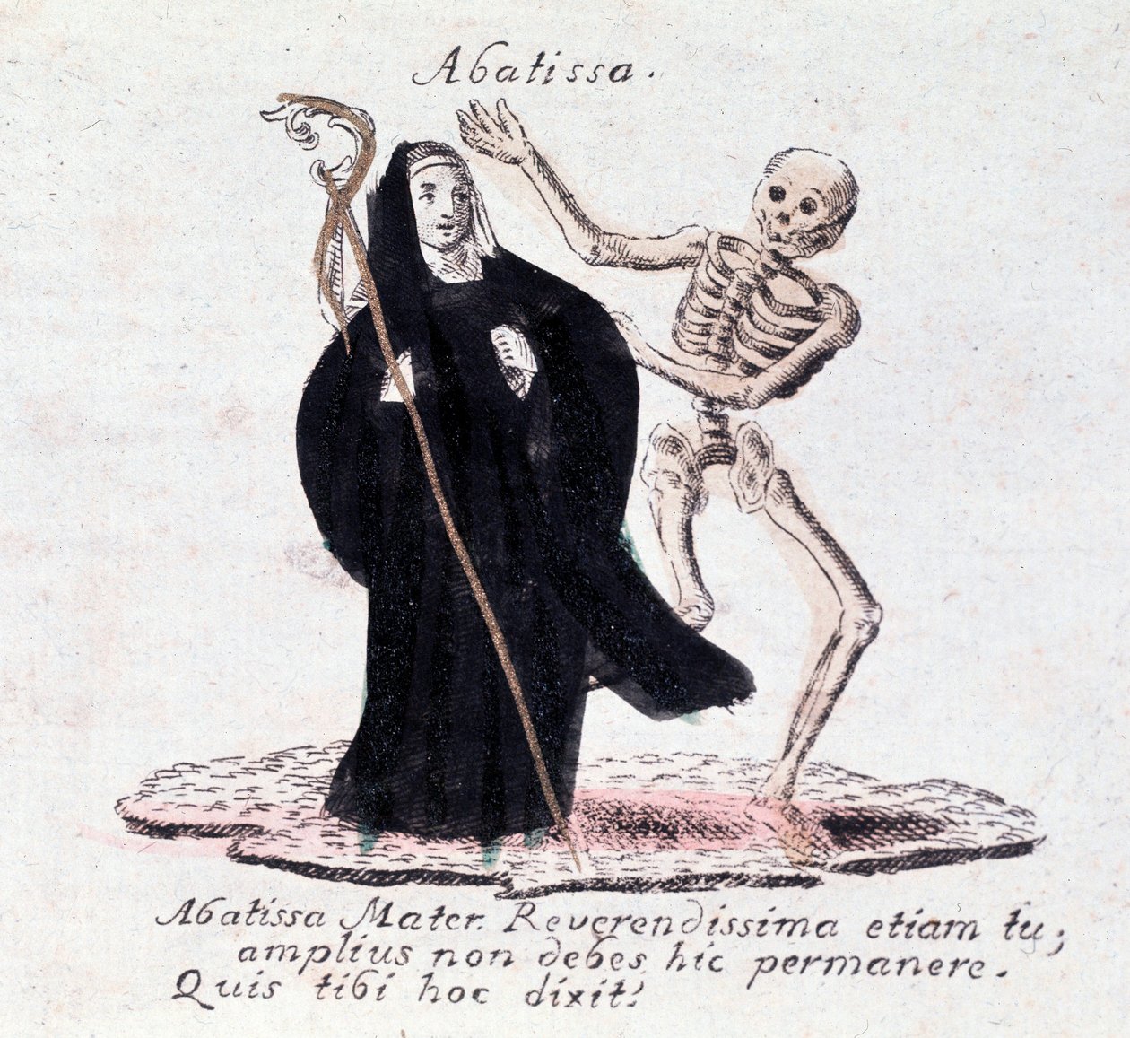 Dödsdansen, abbedissan och ett skelett (Tryck) av Unknown artist
