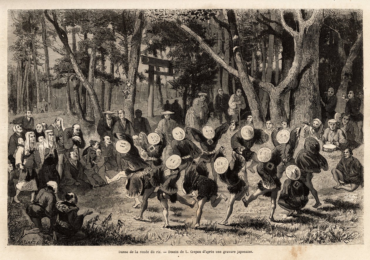 Risrundans dans, som äger rum den 10:e månaden på året, relaterar till spannmålsgrödor. Gravyr för att illustrera resan till Japan, av Aime Humbert, minister för Schweiziska edsförbundet, 1863-1864, publicerad i "" le tour du monde", und av Unknown artist