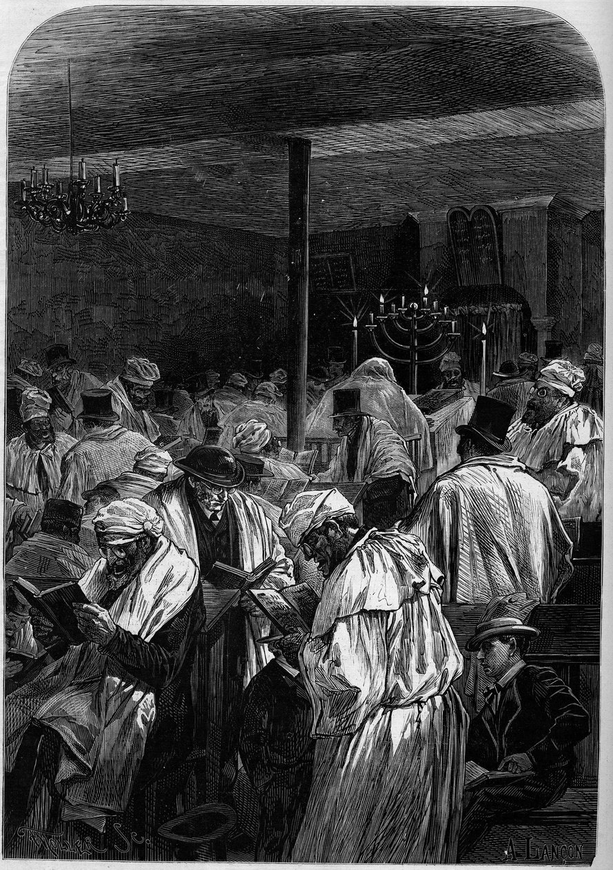 Dagen för judarnas stora förlåtelse eller firandet av Yom Kippur i en synagoga på rue Saint Louis en l