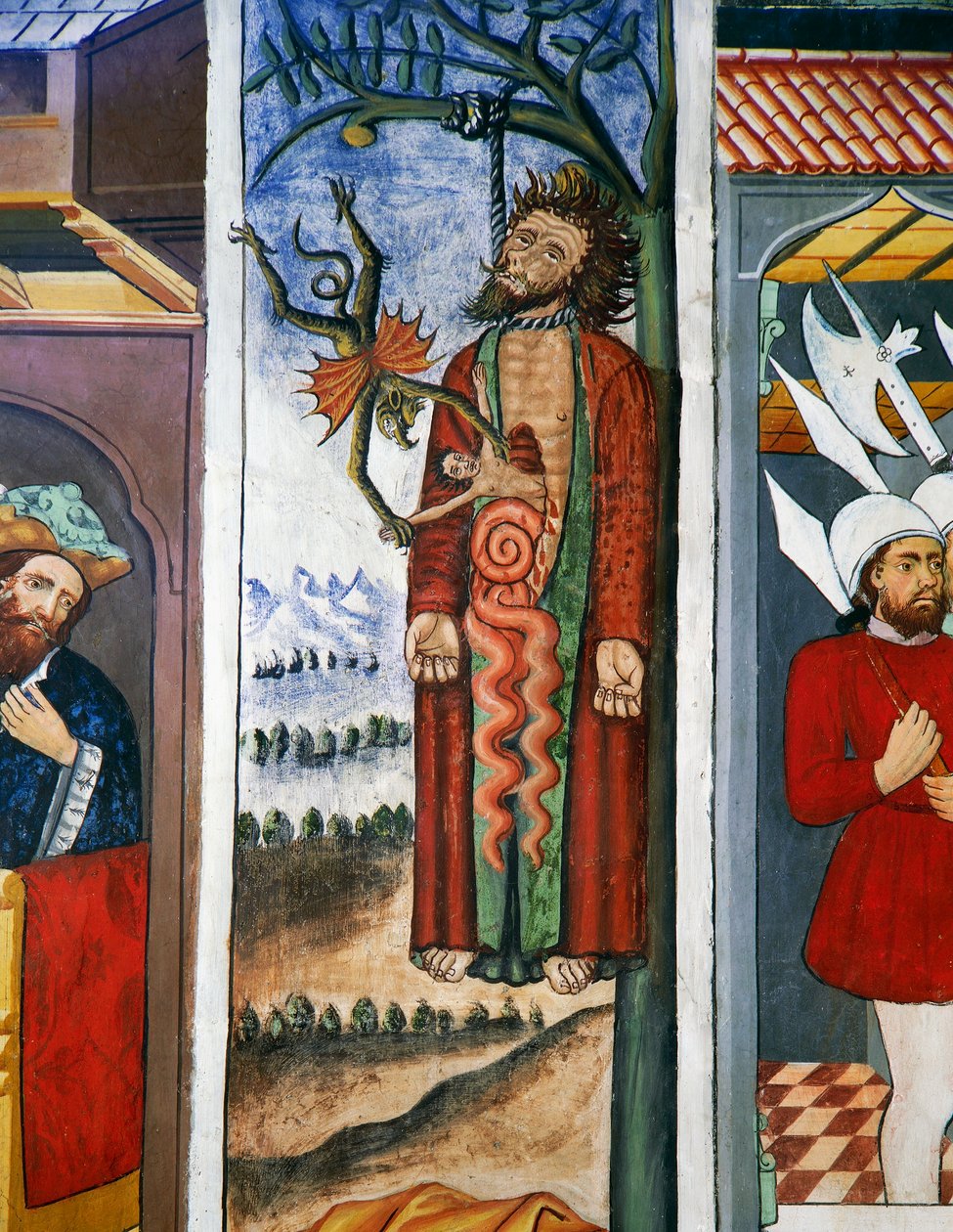 Judas död, Kristi liv (1400-talet), fresker, St Sebastians kapell, Villard-de-Lans, Rhone-Alpes, Frankrike. av Unknown artist