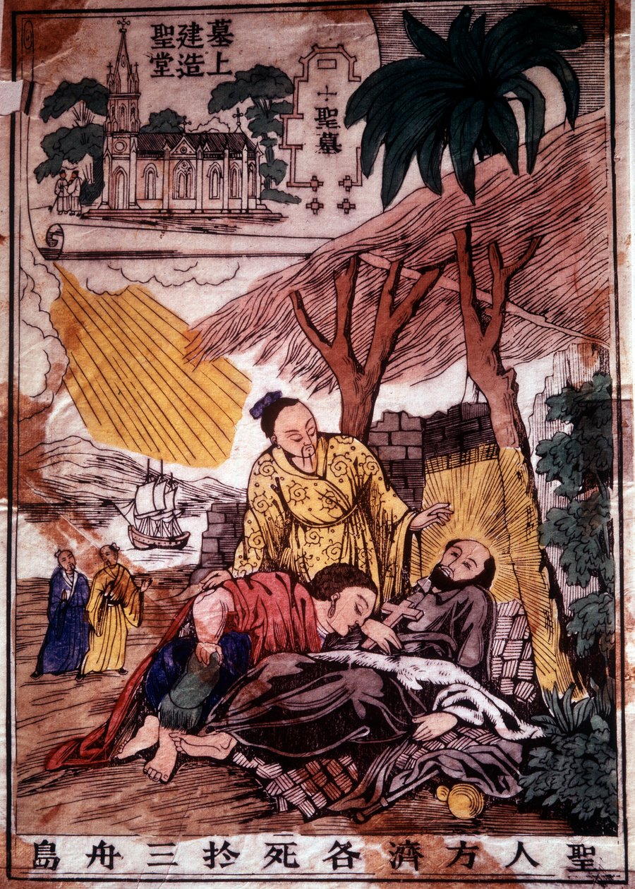 Döden av Saint Francois Xavier (1506-1552), en spansk jesuitmissionär, en av grundarna av odret av Jesu sällskap i Kina. Gravyr av 1800-talet. Chantilly, jesuitseminarium av Unknown artist