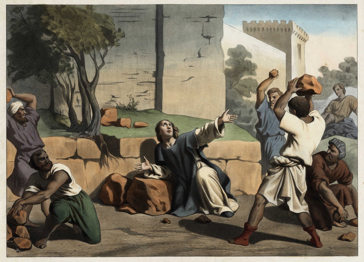 Sankt Stefans död: Sankt Stefan stenad av judarna anses vara den första kristna martyren. Anonym gravyr från mitten av 1800-talet. av Unknown artist