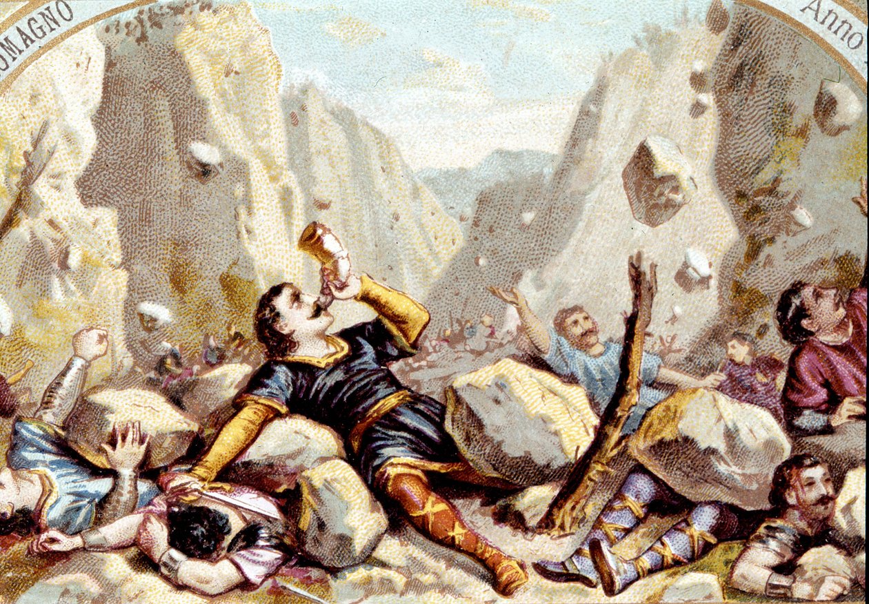 Riddaren Rolands död, brorson till Karl den Store, i slaget vid Roncesvaux, 778. kromolitografi omkring 1900. av Unknown artist