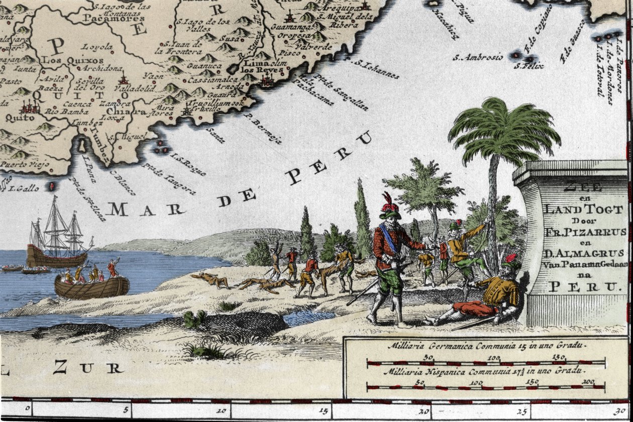 De spanska erövrarnas landstigning Francisco Pizarro (Francois Pizarre). av Unknown artist