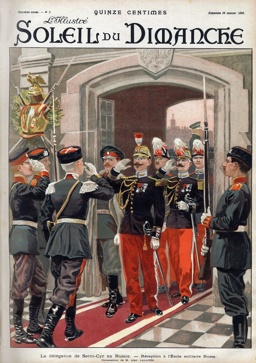 Saint Cyrs (St. Cyr) delegation i Ryssland: mottagning på den ryska militärskolan. Gravyr i "" Le sun-du-dimanche"", 29 januari av Unknown artist