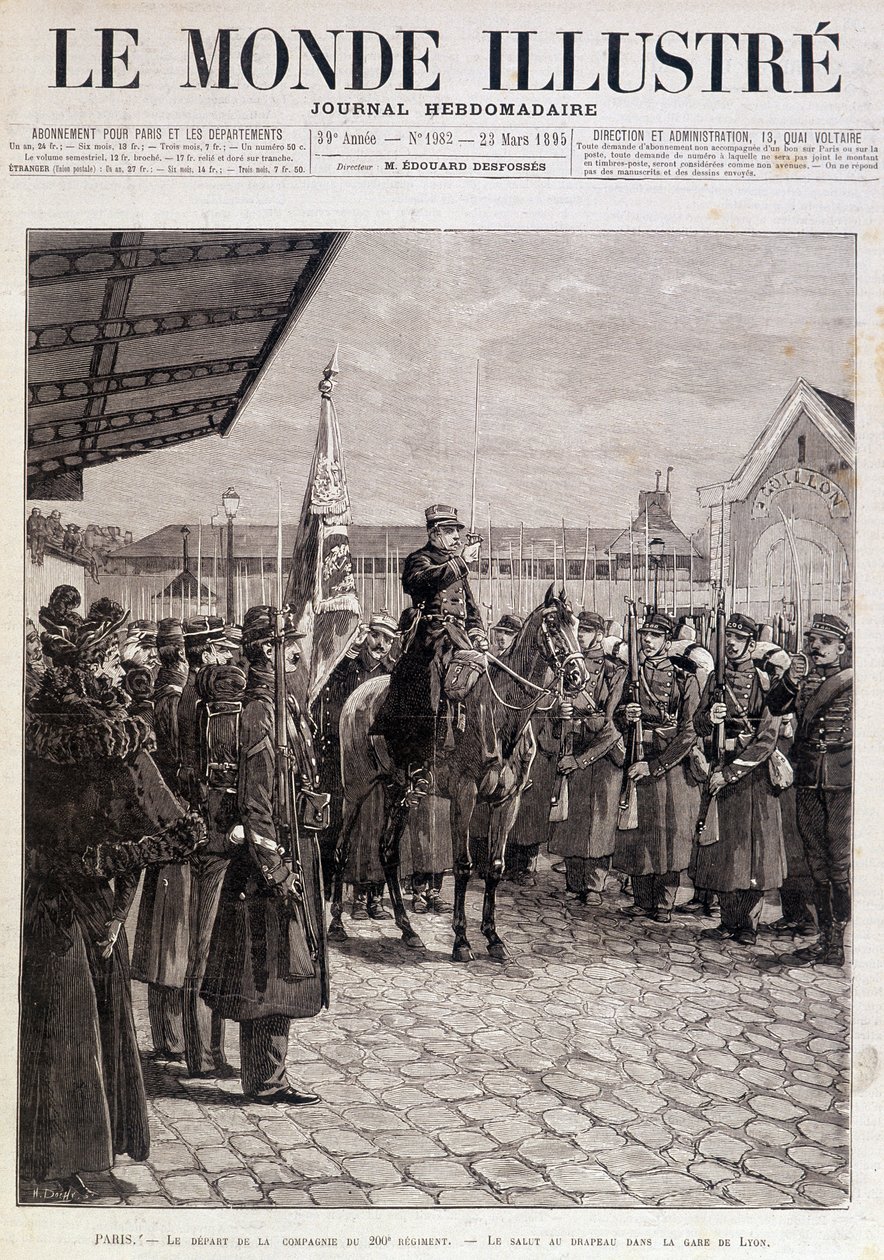 Avgången för kompaniet av 200:e regementet. Hälsning till flaggan i Gare de Lyon. ""Den illustrerade världen"". 1895-03-23. Teckning. av Unknown artist
