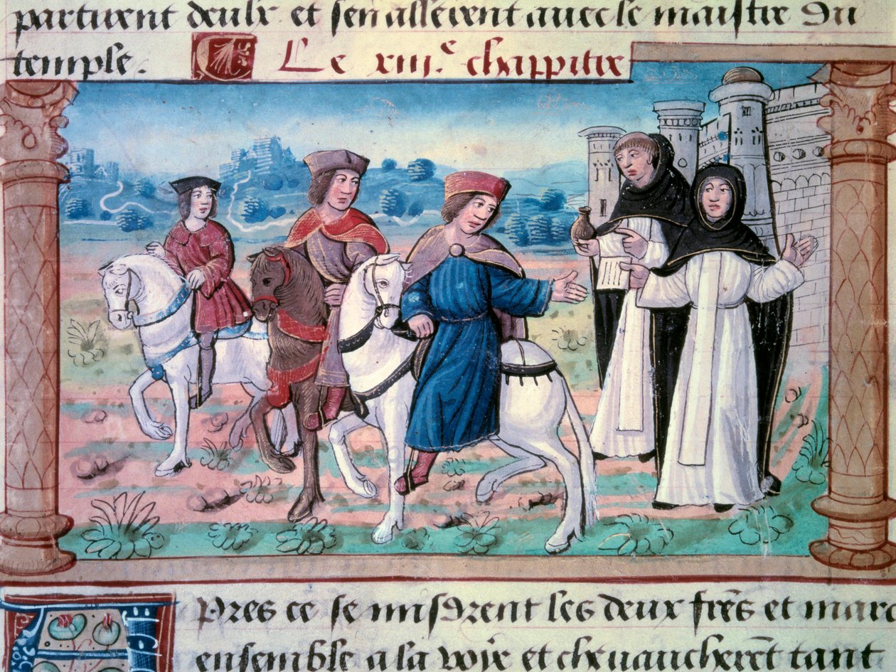 Bröderna Nicolo och Matteo Polos avgångar, far och farbror till unge Marco Polo (1254-1324) med den unge mannen omkring 1271. Miniatyr hämtad från "" The Book of Wonders""" ("" Devisement du monde", "" Il Milione”) av Marco Polo (1254-1324) 1298 Bibl av Unknown artist