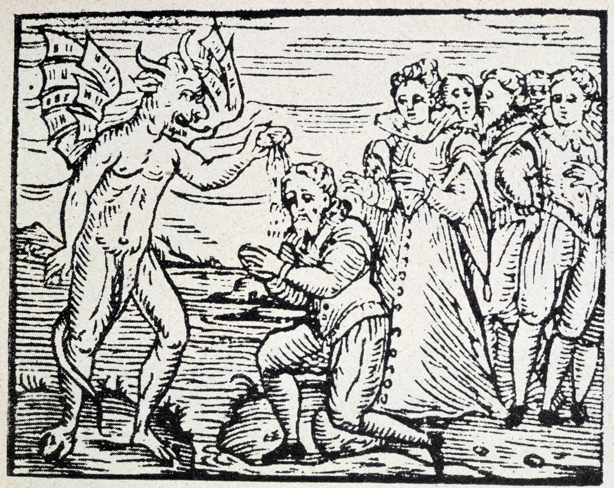 Djävulen döper män och kvinnor i bön - gravyr av Unknown artist