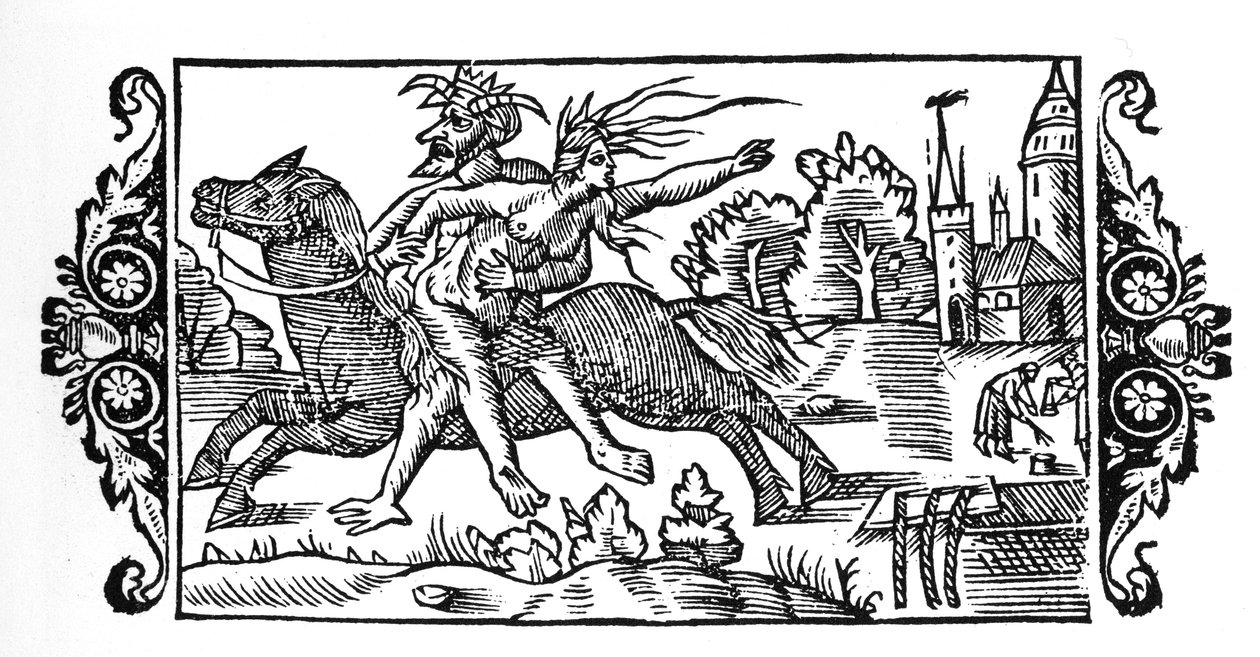 Djävulen bär en häxa - i "History of the Northern Nations" av Olaus Magnus, Rom 1555 av Unknown artist