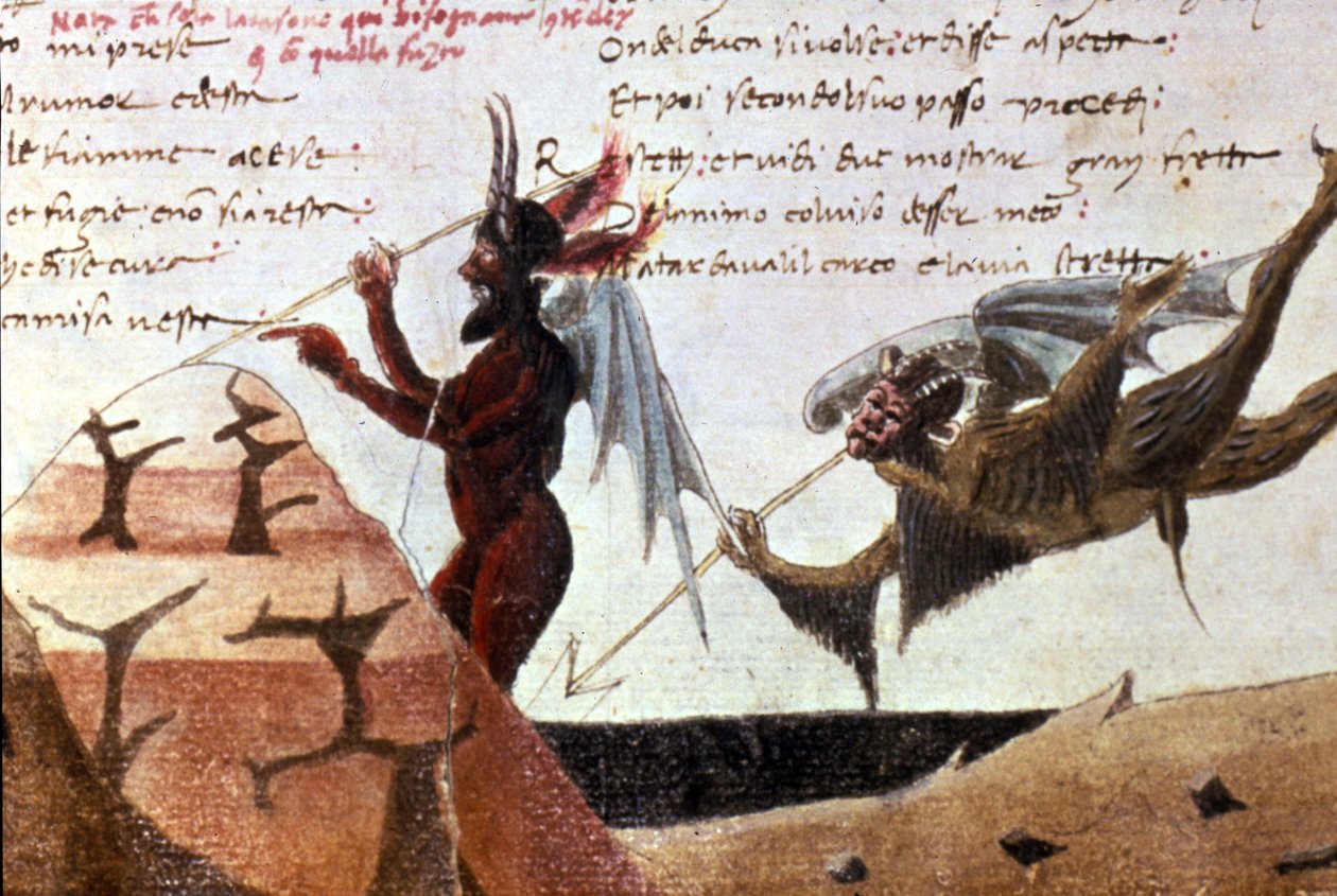 Djävlarna i en helvetescirkel efter en handskriven upplaga av Divina Commedia (Gudomlig komedi) av Dante Alighieri (1265 - 1321) från 1300-talet. Bibl.Trivulziana Milano. av Unknown artist