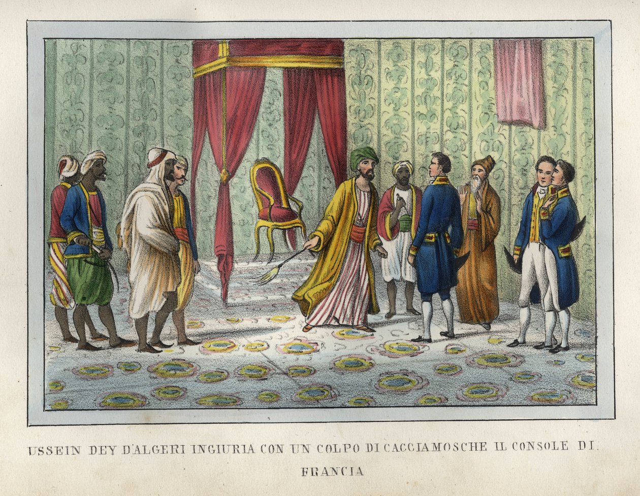 Algiers död, Hussein, som bedömde att han var kränkt av den franske konsuln Pierre Deval, hade blåst bort honom från sin flugjägare i april 1827. Denna episod var avgörande för utvecklingen av händelser som ledde till erövringen av Alger 1830. Gravyr i” L
