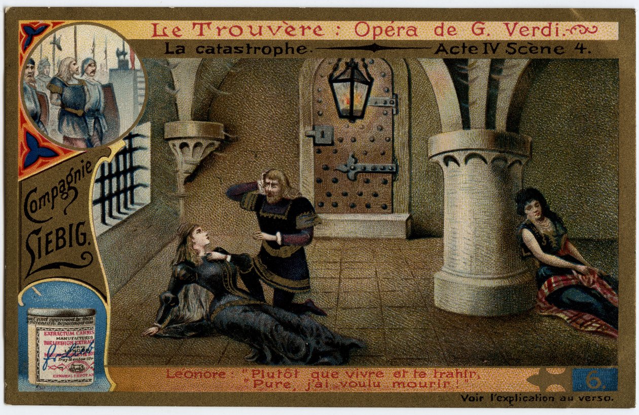 Katastrofakt IV scen 4. Illustration till operan "" Fyndet"" (Il trovatore) av Giuseppe Verdi (1813-1901). Kromolitografi (Chromo) Liebig från slutet av 1800-talet. av Unknown artist