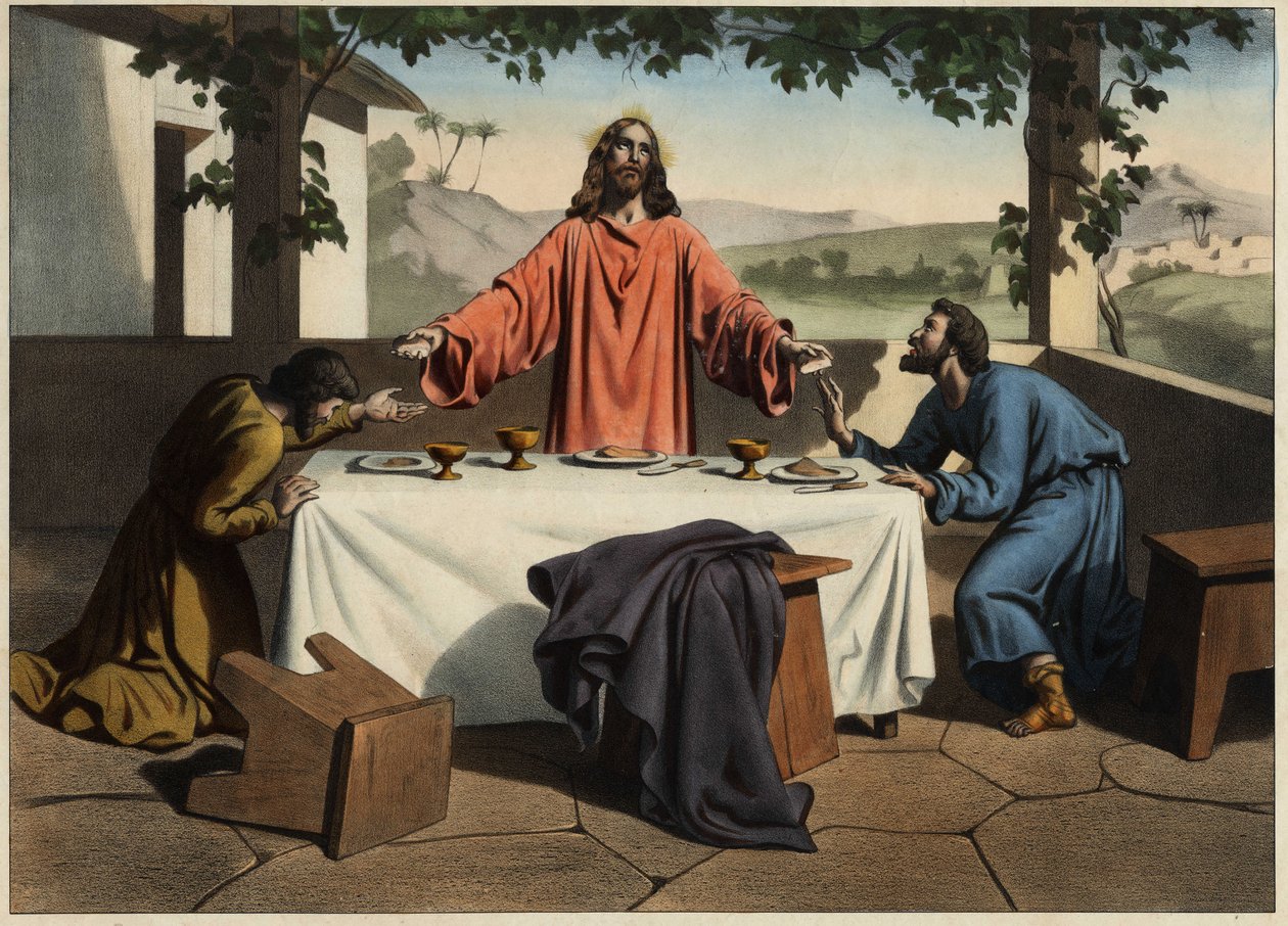 Lärjungarna till Emaus (Emmaus) möter den uppståndne Kristus på påskkvällen, som delar bröd. Anonym gravyr från mitten av 1800-talet. av Unknown artist