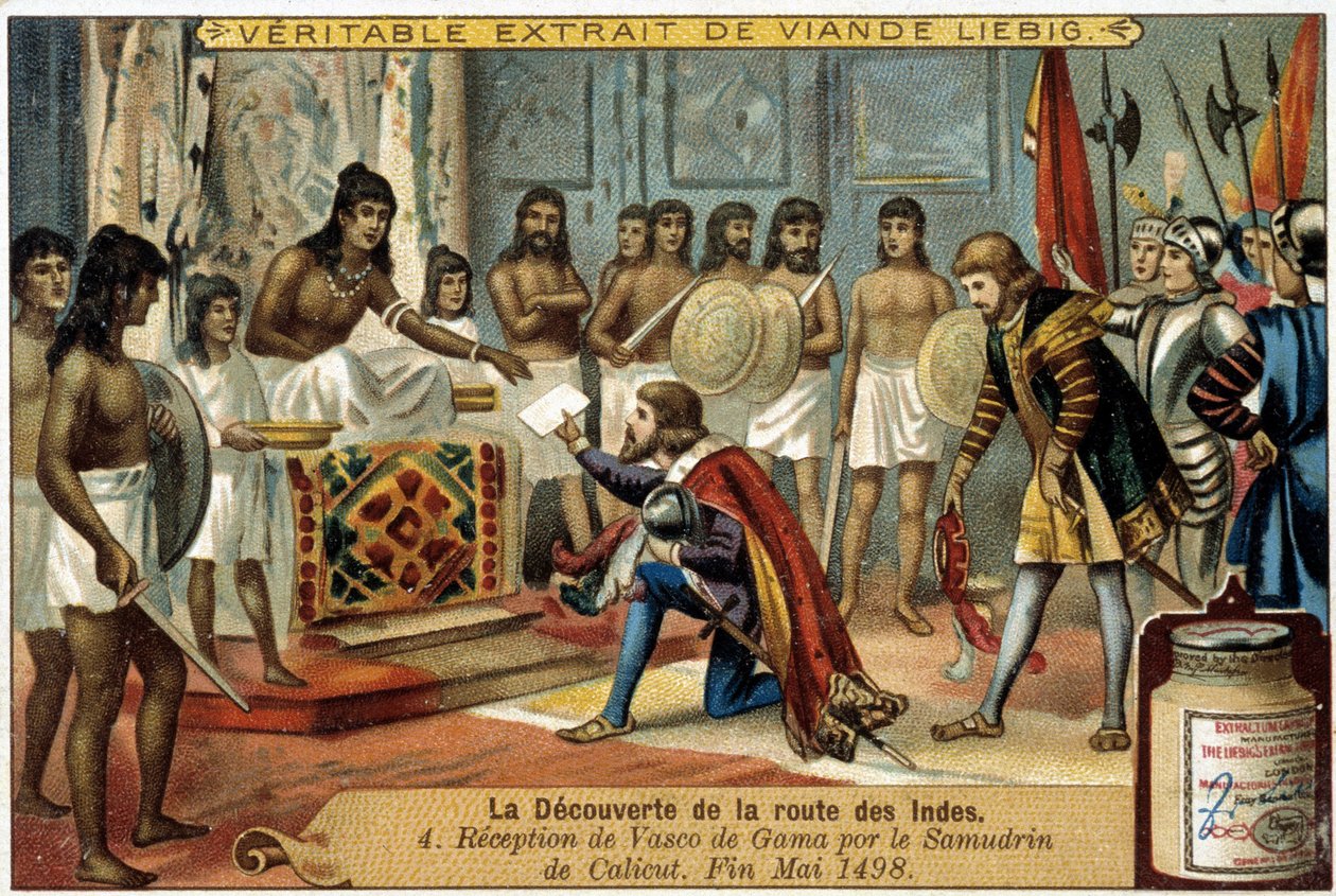 Upptäckten av Indiens rutt: Mottagande av Vasco da Gama av Samudrin av Calicut, slutet av maj 1498 - reklamvinjett Liébig av Unknown artist