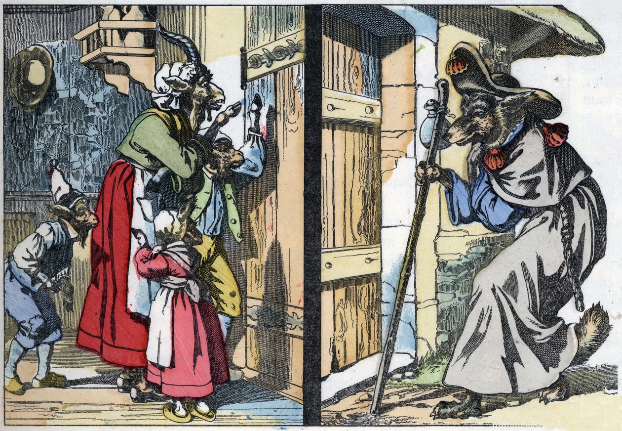 Förklädnadsvargen knackar på dörren till huset med bocken och biketterna. Illustration av berättelsen "Compere le Loup, Maitre Renard, Comere la Chevre et ses petits biquets"" efter en fabel av Jean de la Fontaine. I "" Sagor från hemmet för de små av Unknown artist