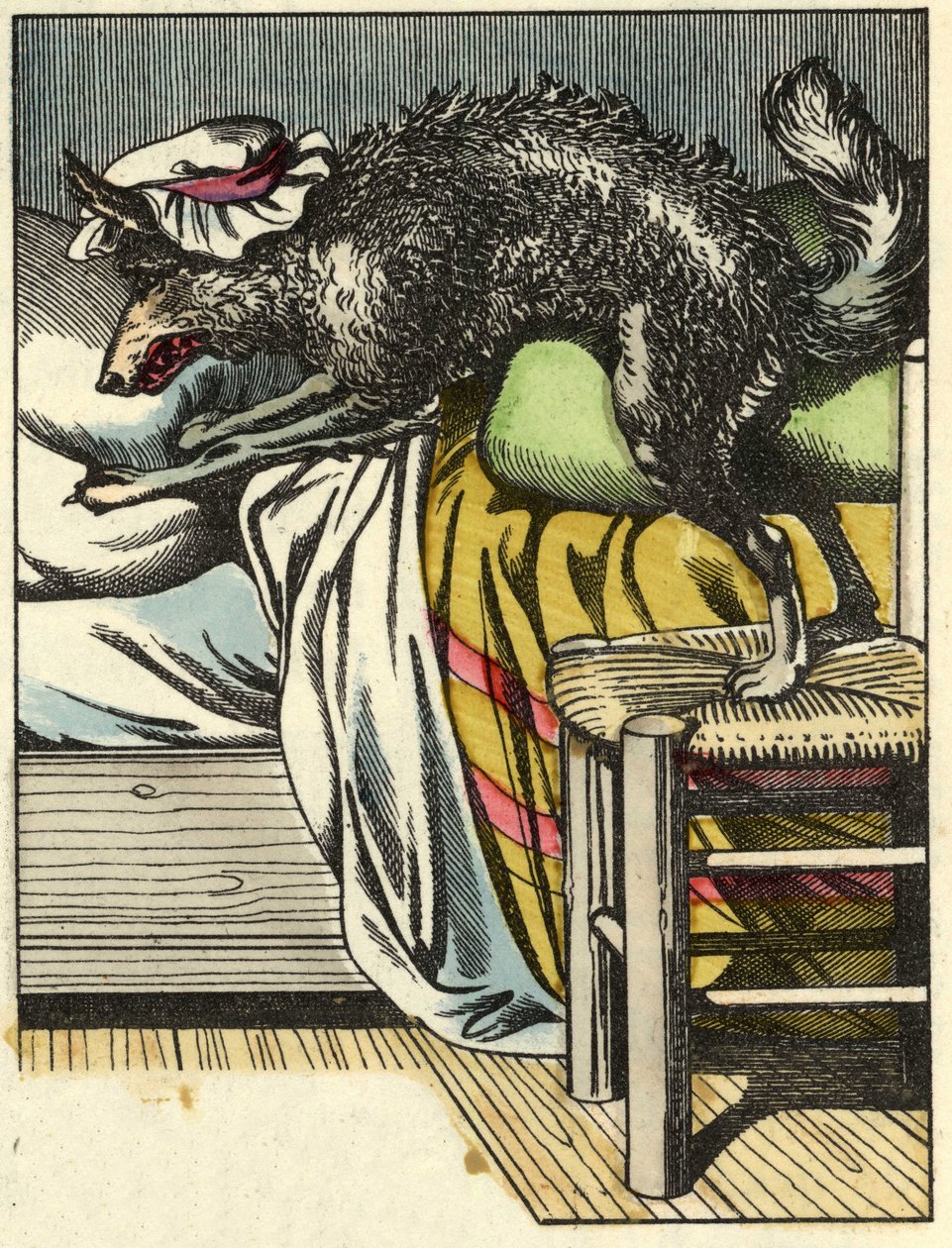Utklädningsvargen tar mormors plats i sängen. Illustration av berättelsen "Rödluvan" av Charles Perrault av Unknown artist
