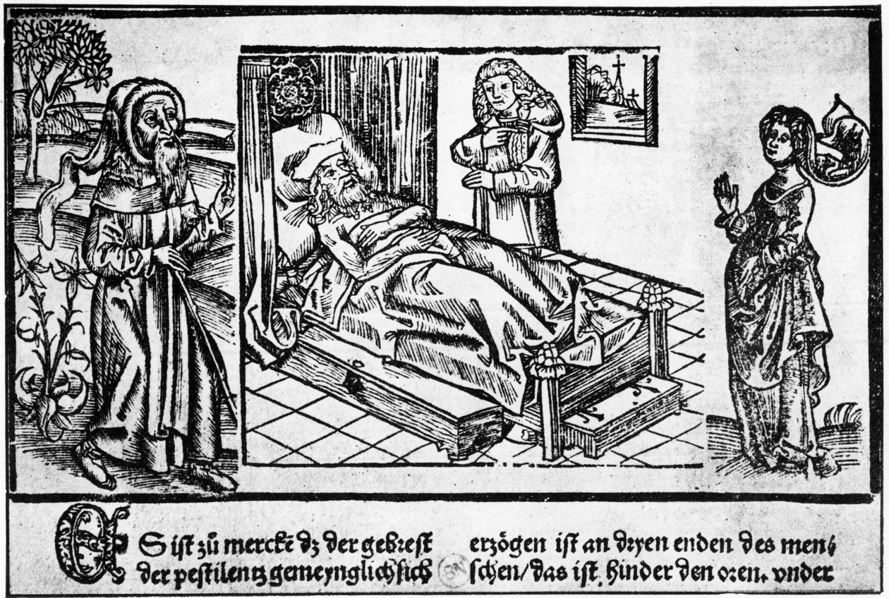 Pestiferens läkare i sängen, trägravyr av "Liber pestilentialis" av Jérôme Brunschwig, Strasbourg av Unknown artist