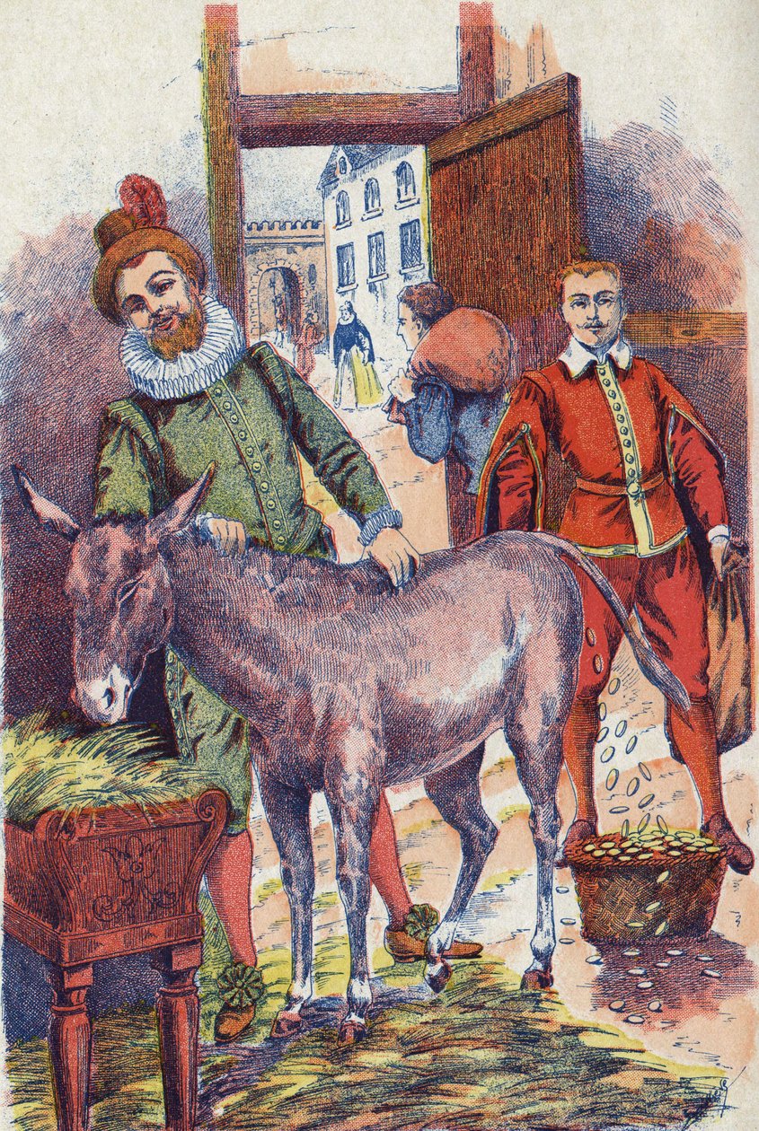 Åsnan med guld ecus. Illustration till berättelsen "" Åsneskinn" av Charles Perrault (1628-1703), fransk författare. Anonym illustration. Bildmaterial Marcel Vagne, Jarville Nancy, odaterat (slutet av 1800-talet). av Unknown artist