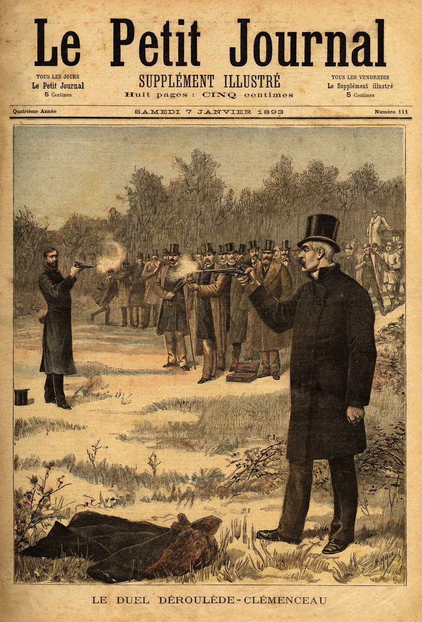 Duellen med pistolen (förbjuden i Frankrike sedan 1626) mellan deputerade Paul Deroulede (1846-1914) och Georges Clemenceau (1841-1929), ingen skada. Gravyr i "" Le petit journal"" 1893-01-07. Selvas samling. av Unknown artist