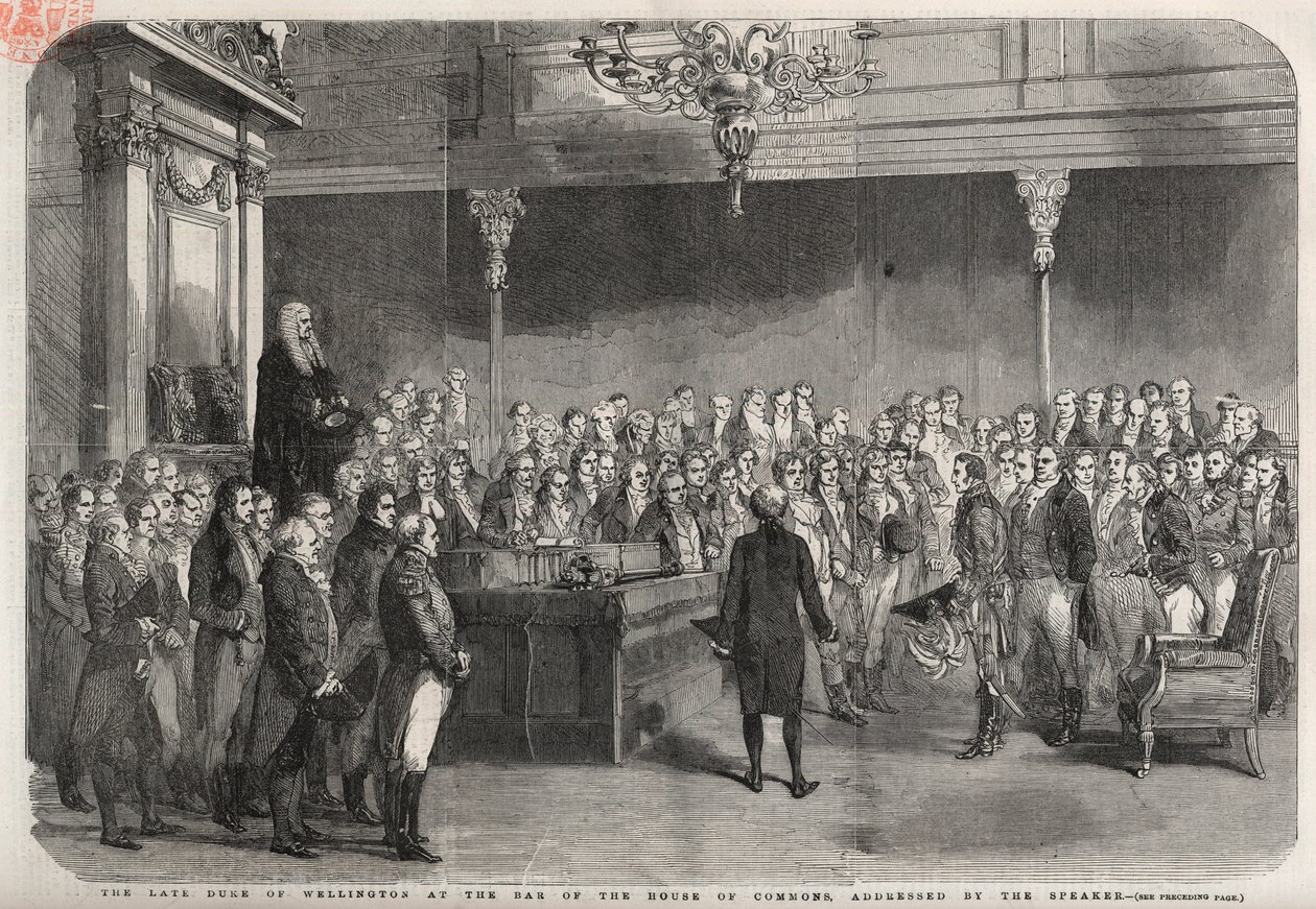 Hertigen av Wellington (Arthur Wellesley (1769-1852) (hertig av Wellington) står vid baren i underhuset för att ta emot talmannens gratulationer till sin seger vid Vimeiro, halvönskriget av Unknown artist