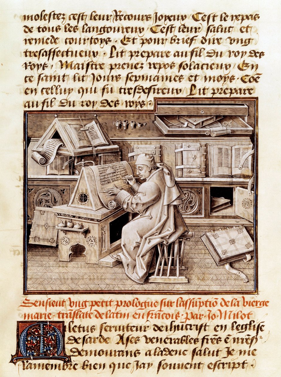 Den kyrkliga, kopisten och översättaren Jean Mielot (död 1472) representerar arbetet på sin kontorssida av ett 1400-talsmanuskript. Paris, B.N. av Unknown artist
