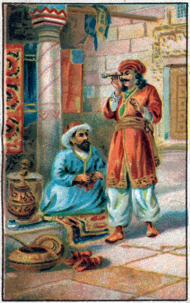 Det förtrollande röret. Prins Ahmeds historia och avgiften Paris-Banou (Pari Banou) (Paribanu). Saga om 1001 nätter (sagor om tusen och en natt). Kromolitografi från slutet av 1800-talet. av Unknown artist