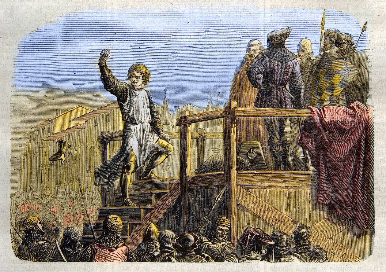Avrättningen av Conradin (eller Conrad av Hohenstaufen) kung av Sicilien och hertig av Schwaben (1252-1268) på order av Karl av Anjou efter slaget vid Tagliacozzo 1268” (Avrättning av Conradin (eller Conrad den yngre), sista Staufer kung av Sicilien, efter av Unknown artist