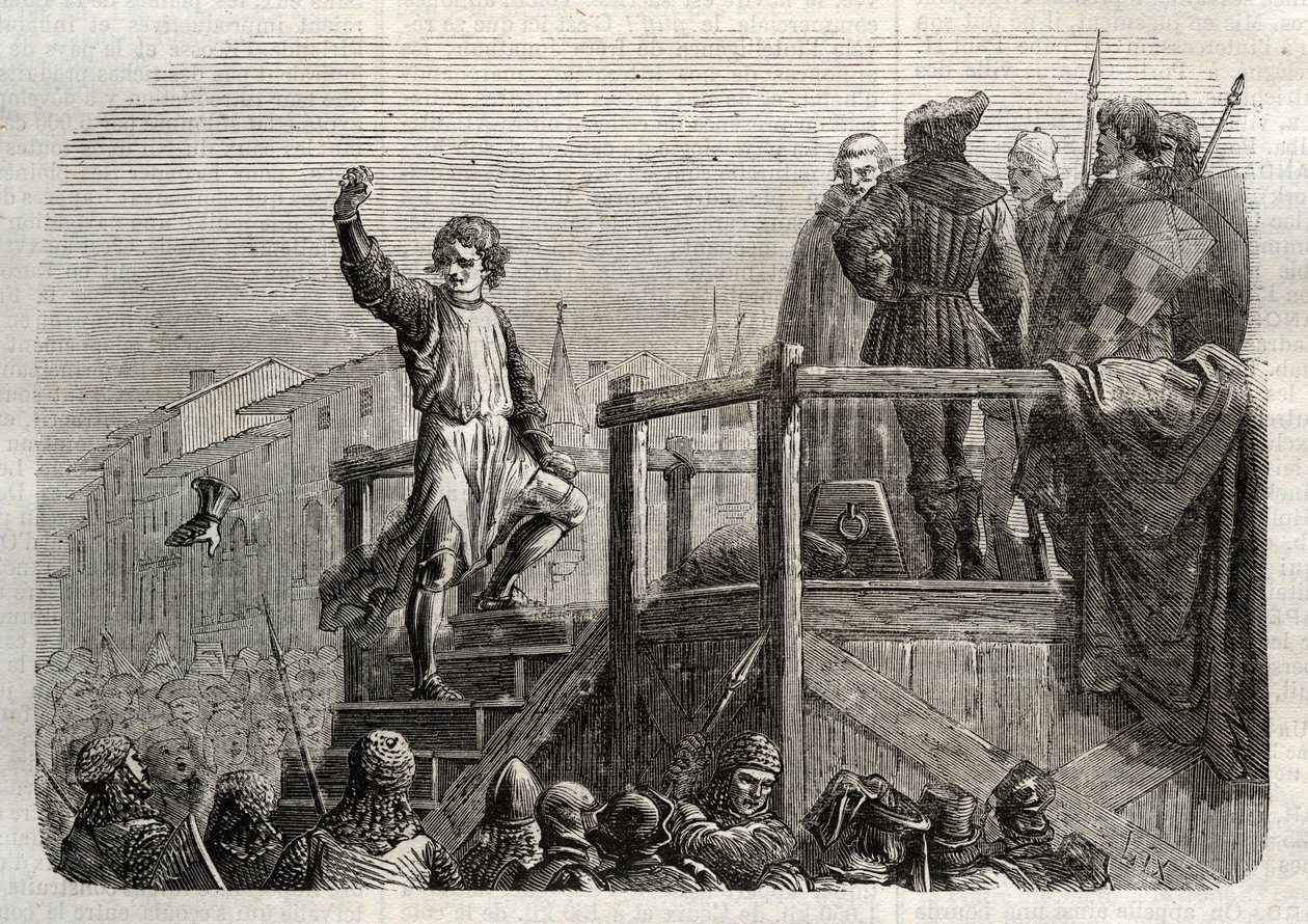 Avrättningen av Conradin (eller Conrad av Hohenstaufen) kung av Sicilien och hertig av Schwaben (1252-1268) på order av Karl av Anjou efter slaget vid Tagliacozzo 1268” (Avrättning av Conradin (eller Conrad den yngre), sista Staufer kung av Sicilien, efter av Unknown artist